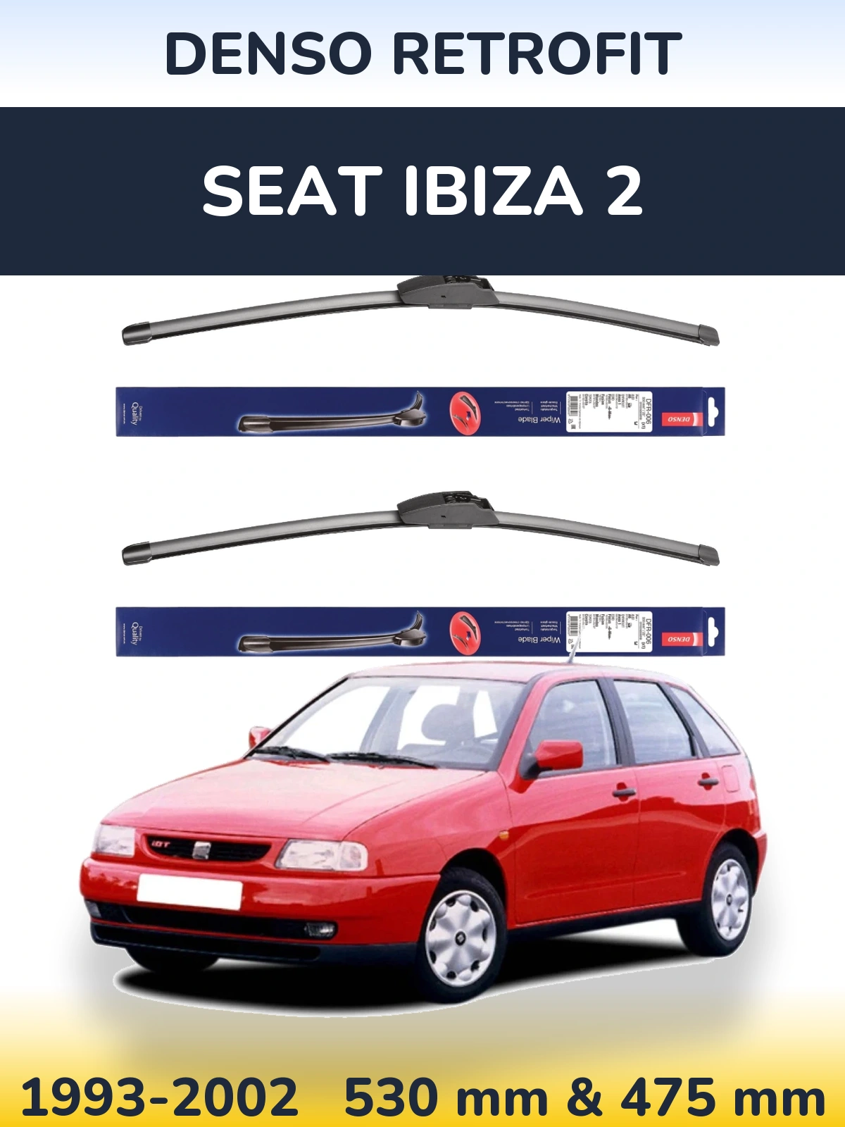 Komplet przednich wycieraczek Denso Retrofit 530 & 475 mm do SEAT Ibiza 2 1993-2002