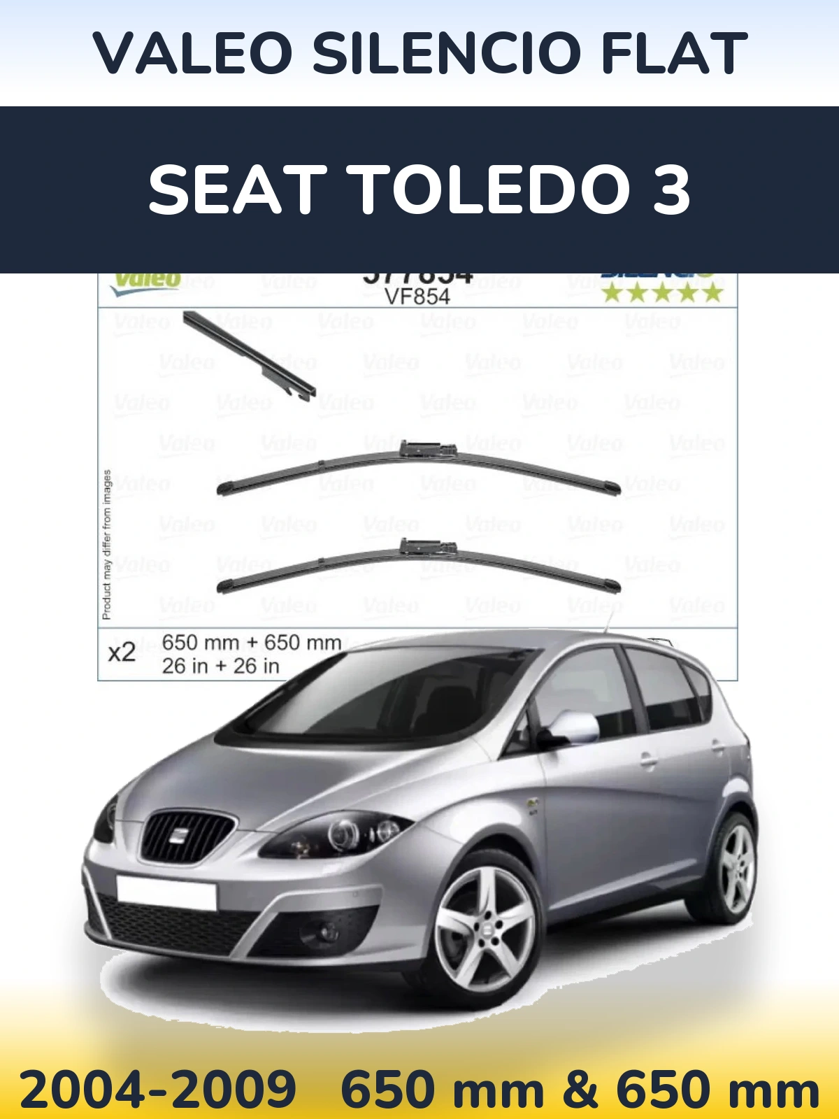 Komplet przednich wycieraczek Valeo Silencio Flat 650 & 650 mm do SEAT Toledo 3 2004-2009