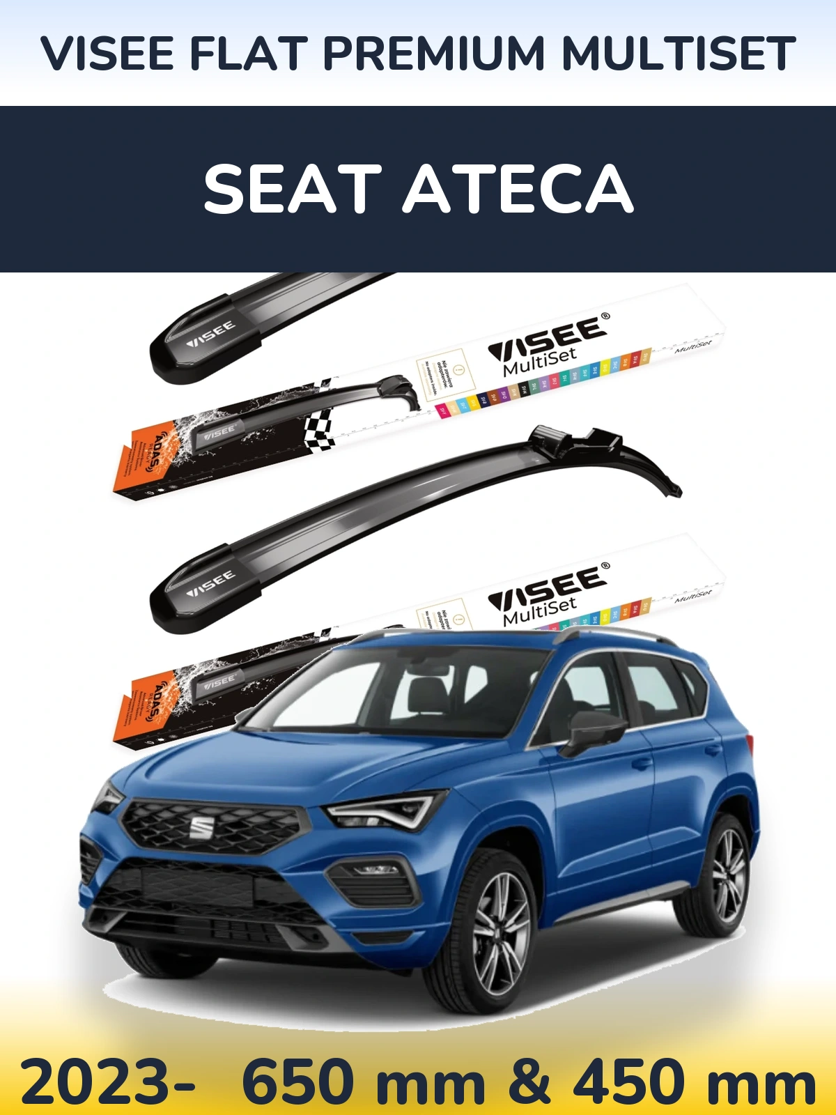 Komplet przednich wycieraczek VISEE FLAT PREMIUM MultiSet 650 & 450 mm do SEAT Ateca 2023-2026