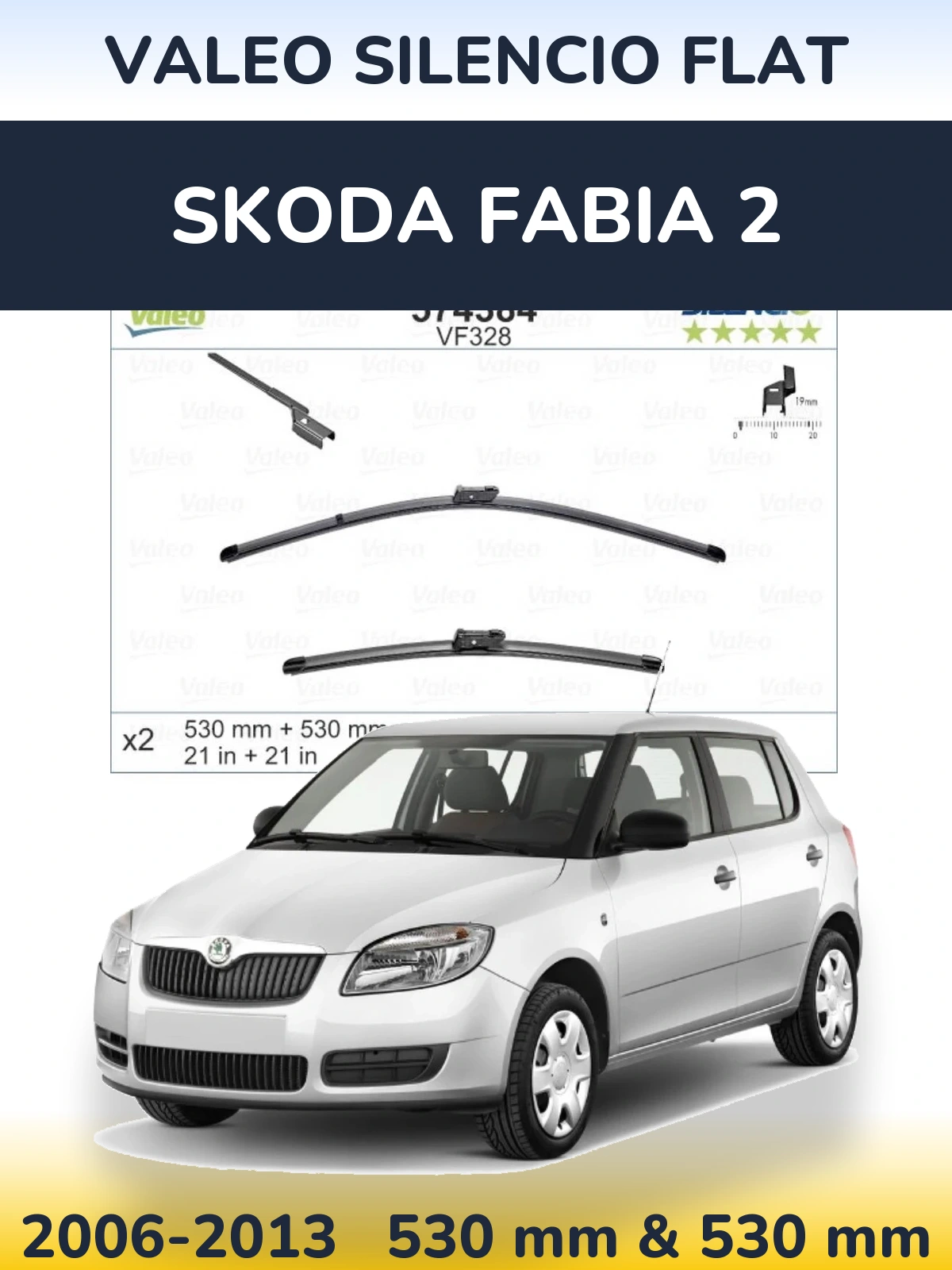 Front wiper blade set Valeo Silencio Flat 530 & 520 mm for Skoda Fabia 2 2006-2013
