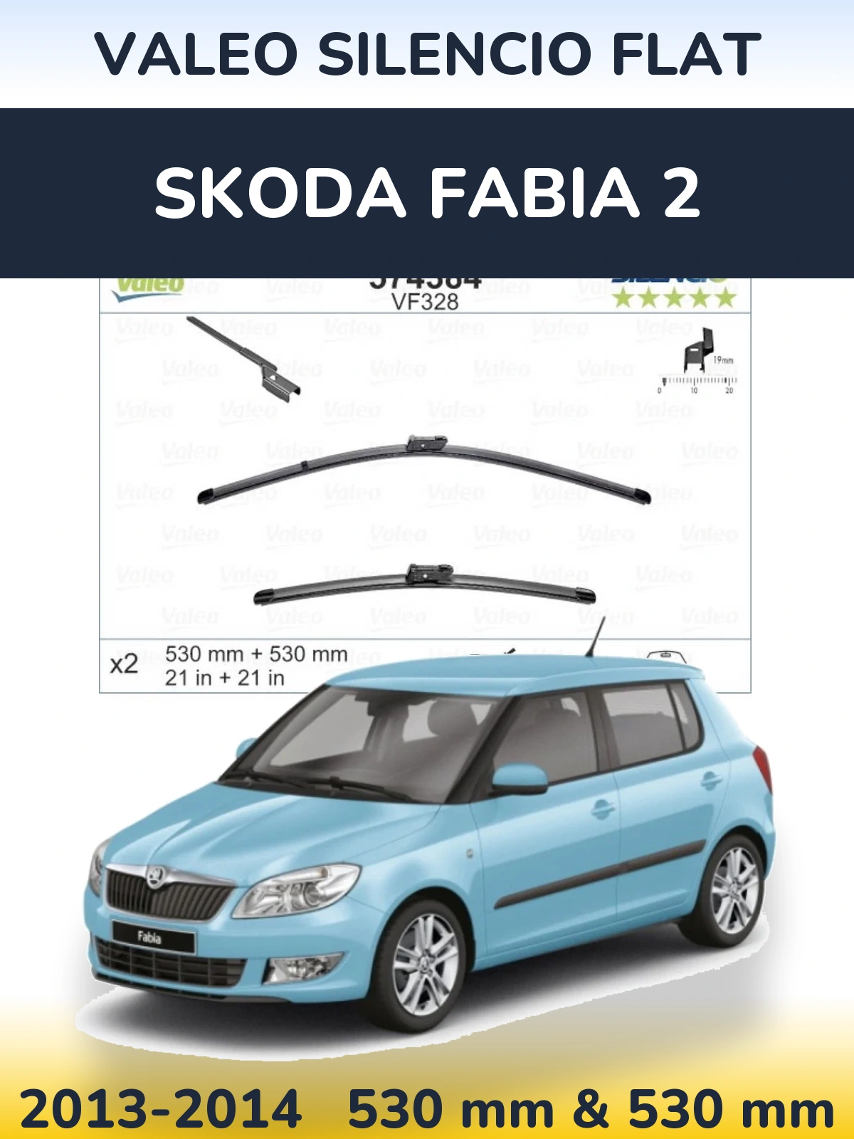 Front wiper blade set Valeo Silencio Flat 530 & 520 mm for Skoda Fabia 2 2013-2014