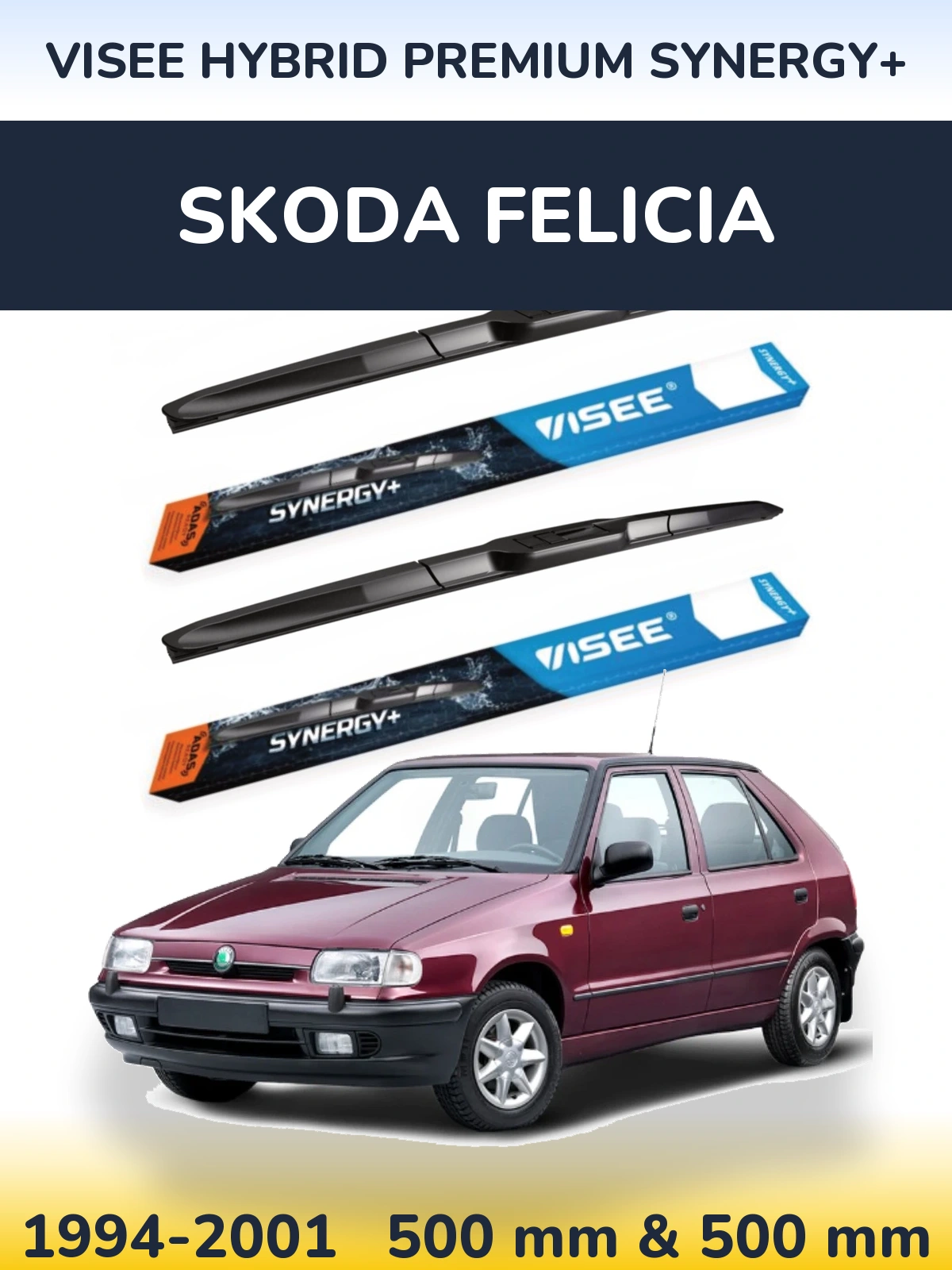 Komplet przednich wycieraczek VISEE HYBRID PREMIUM SYNERGY+ 500 & 500 mm do Skoda Felicia 1994-2001