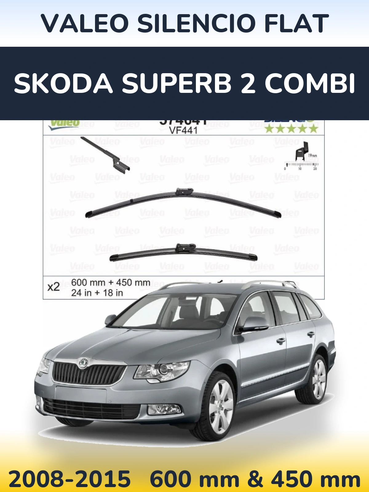 Komplet przednich wycieraczek Valeo Silencio Flat 600 & 450 mm do Skoda Superb 2 Combi 2008-2015
