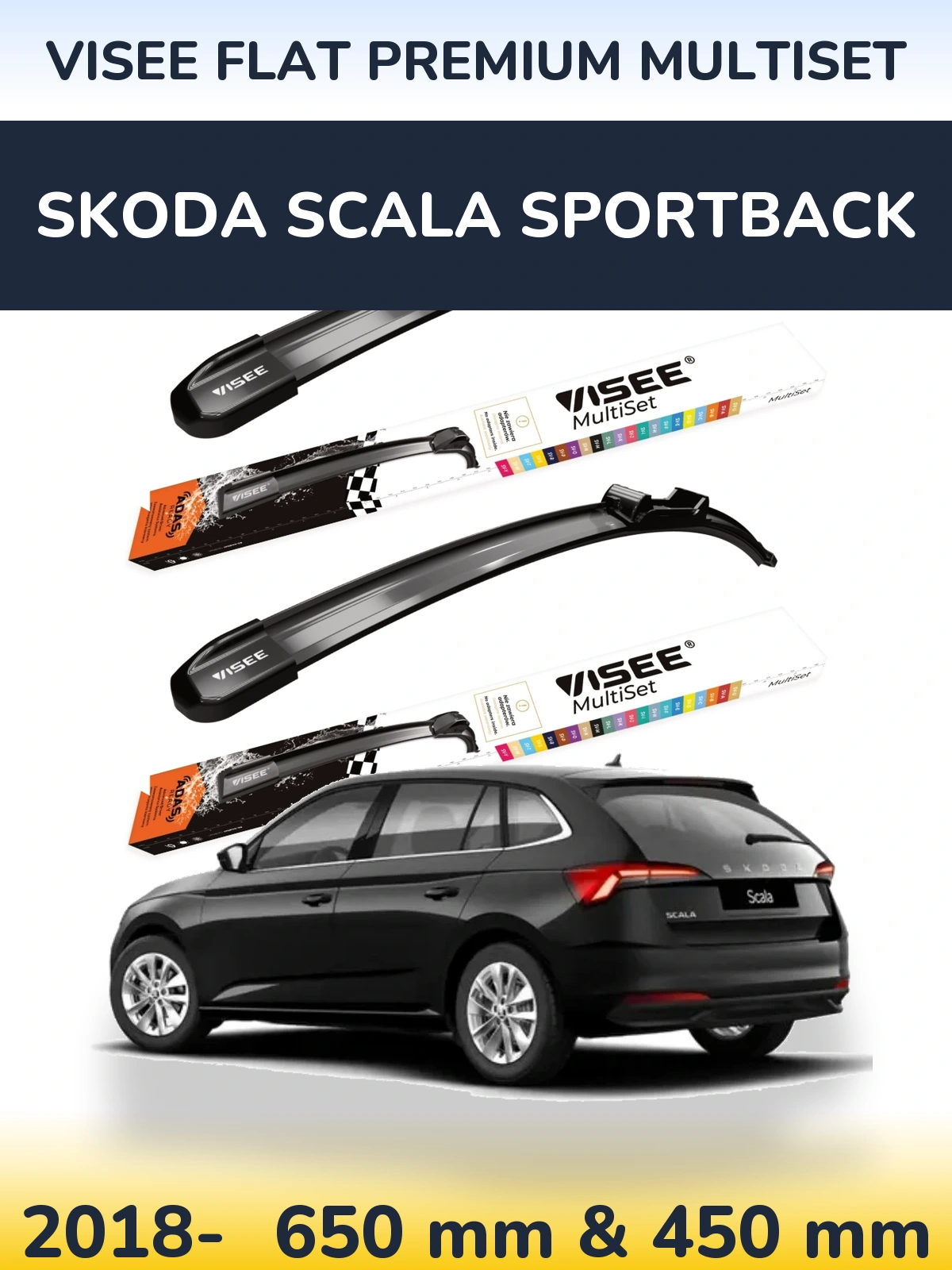 Komplet przednich wycieraczek VISEE FLAT PREMIUM MultiSet 650 & 450 mm do Skoda Scala Sportback 2018-2026