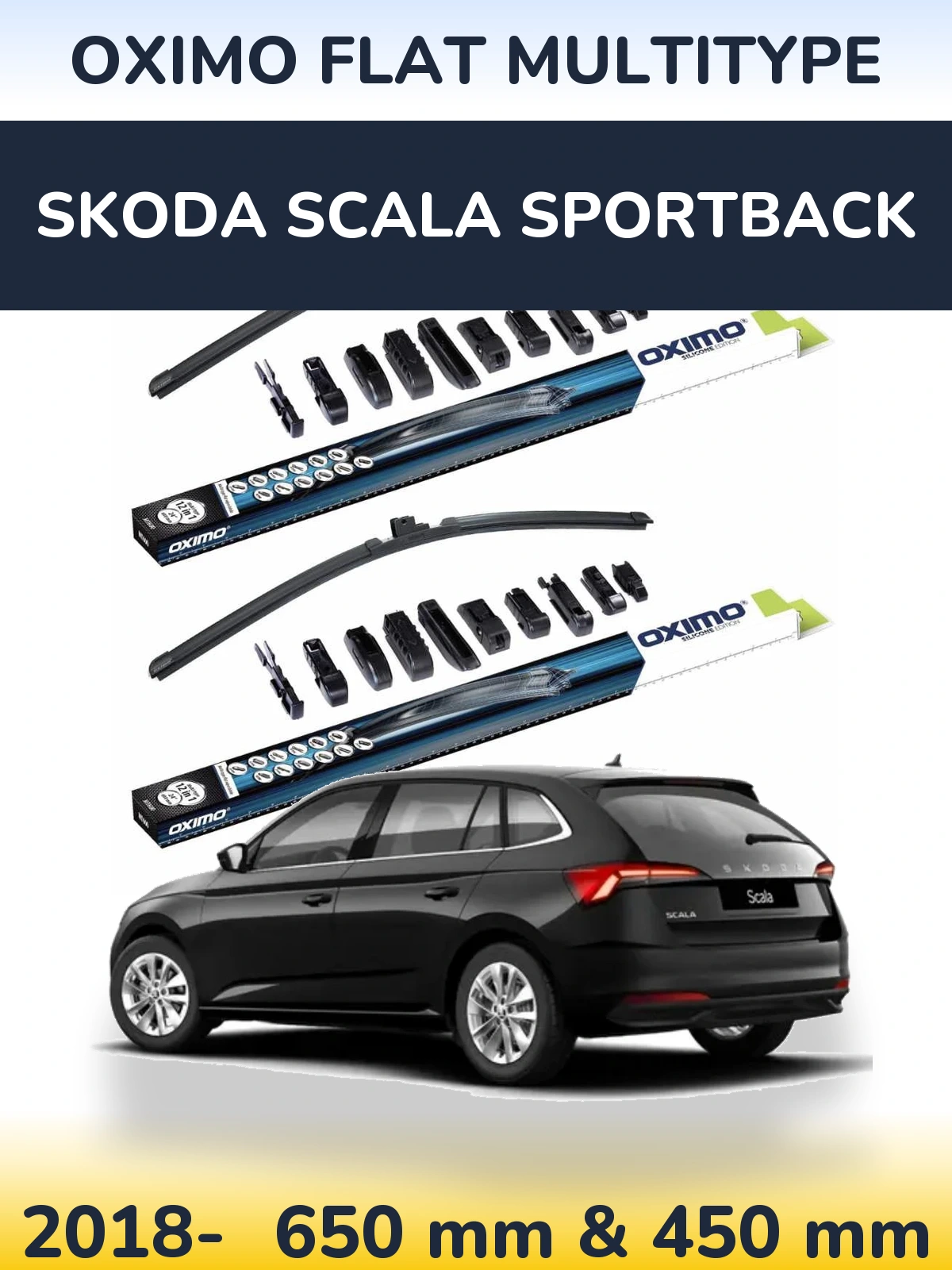 Komplet przednich wycieraczek Oximo Flat MultiType 650 & 450 mm do Skoda Scala Sportback 2018-2026