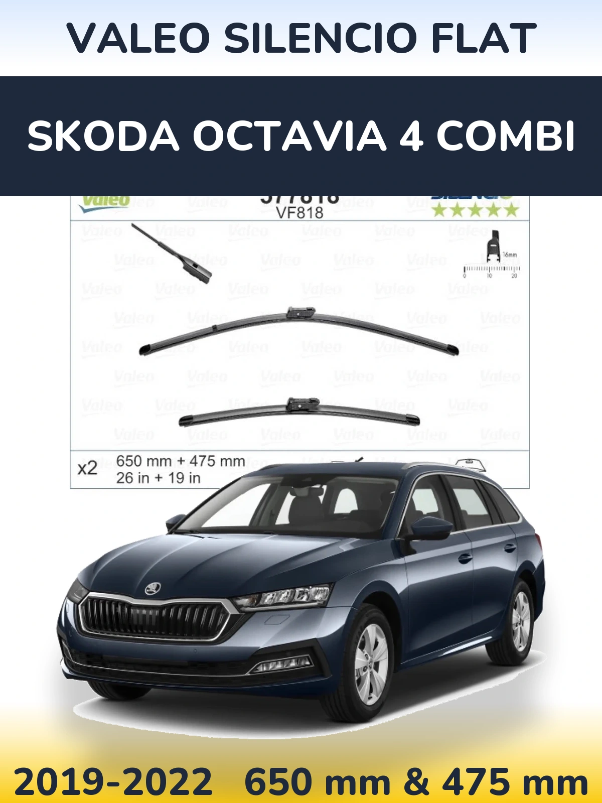 Komplet przednich wycieraczek Valeo Silencio Flat 650 & 475 mm do Skoda Octavia 4 Combi 2019-2022