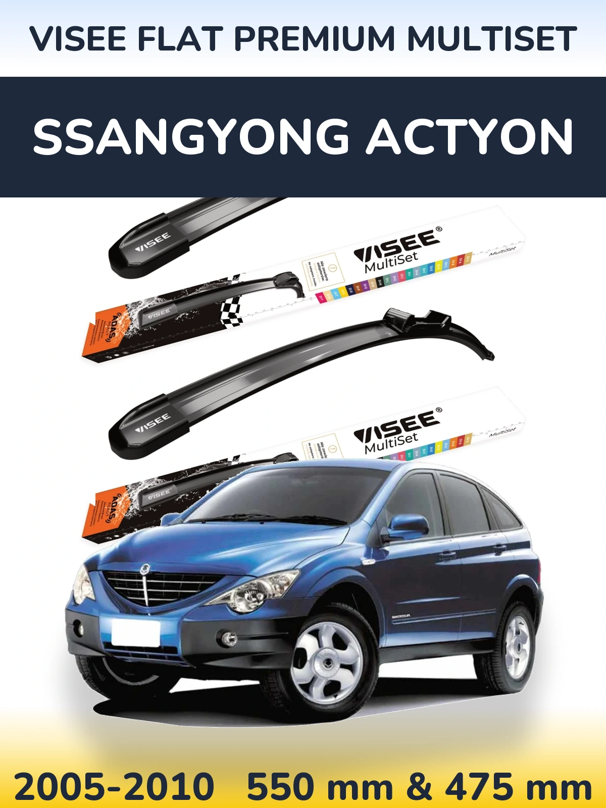 Komplet przednich wycieraczek VISEE FLAT PREMIUM MultiSet 550 & 475 mm do SsangYong Actyon 2005-2010