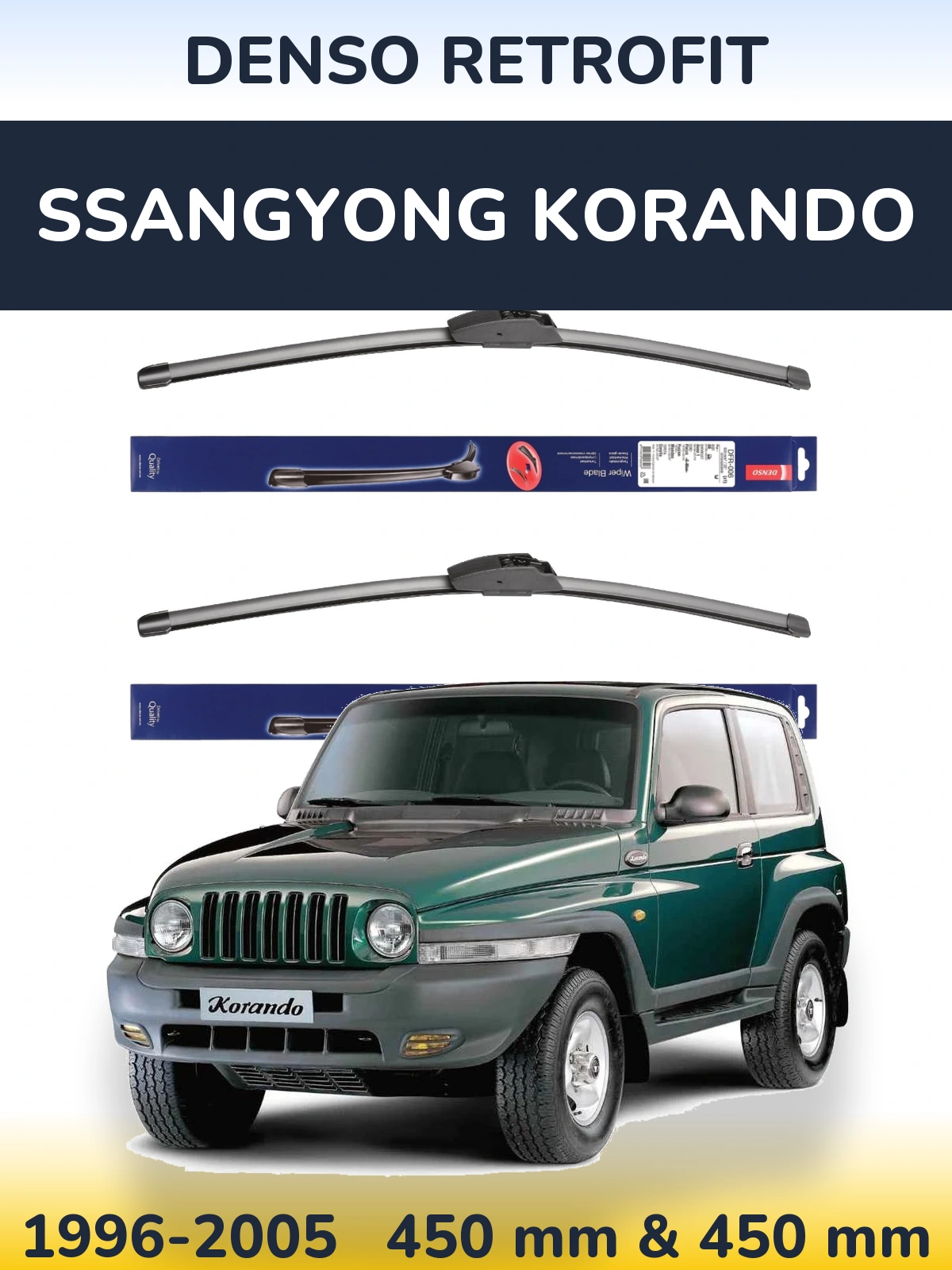 Komplet przednich wycieraczek Denso Retrofit 450 & 450 mm do SsangYong Korando 1996-2005