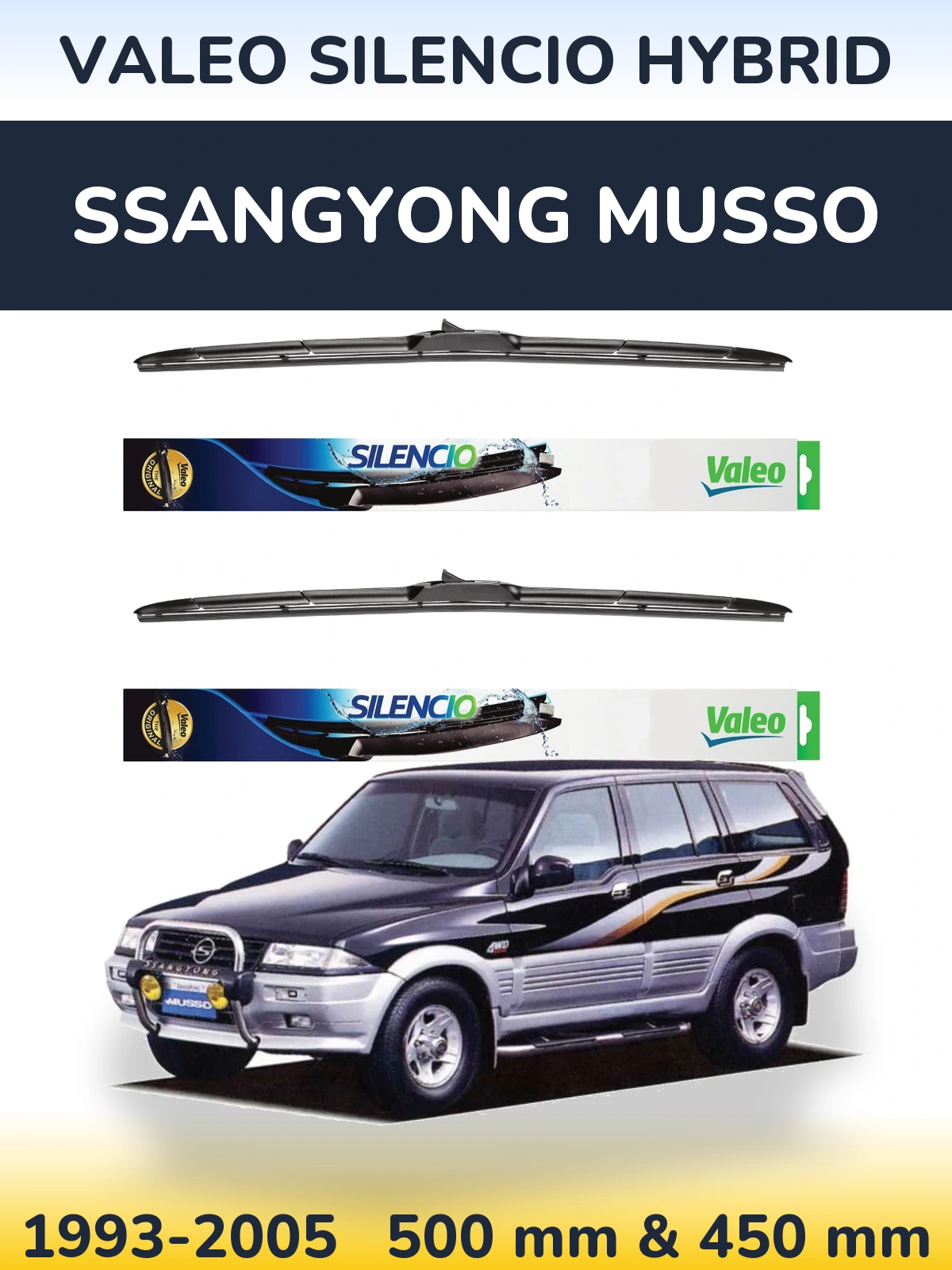 Комплект передних дворников Valeo Silencio Hybrid 500 & 450 мм для SsangYong Musso 1993-2005
