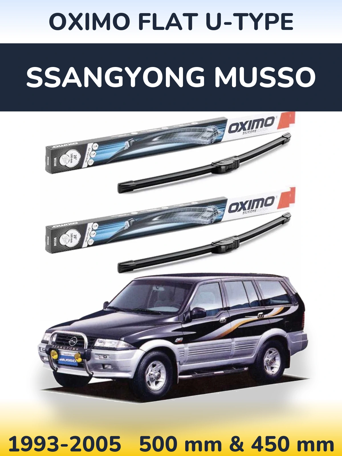 Комплект передних дворников Oximo Flat U-type 500 & 450 мм для SsangYong Musso 1993-2005