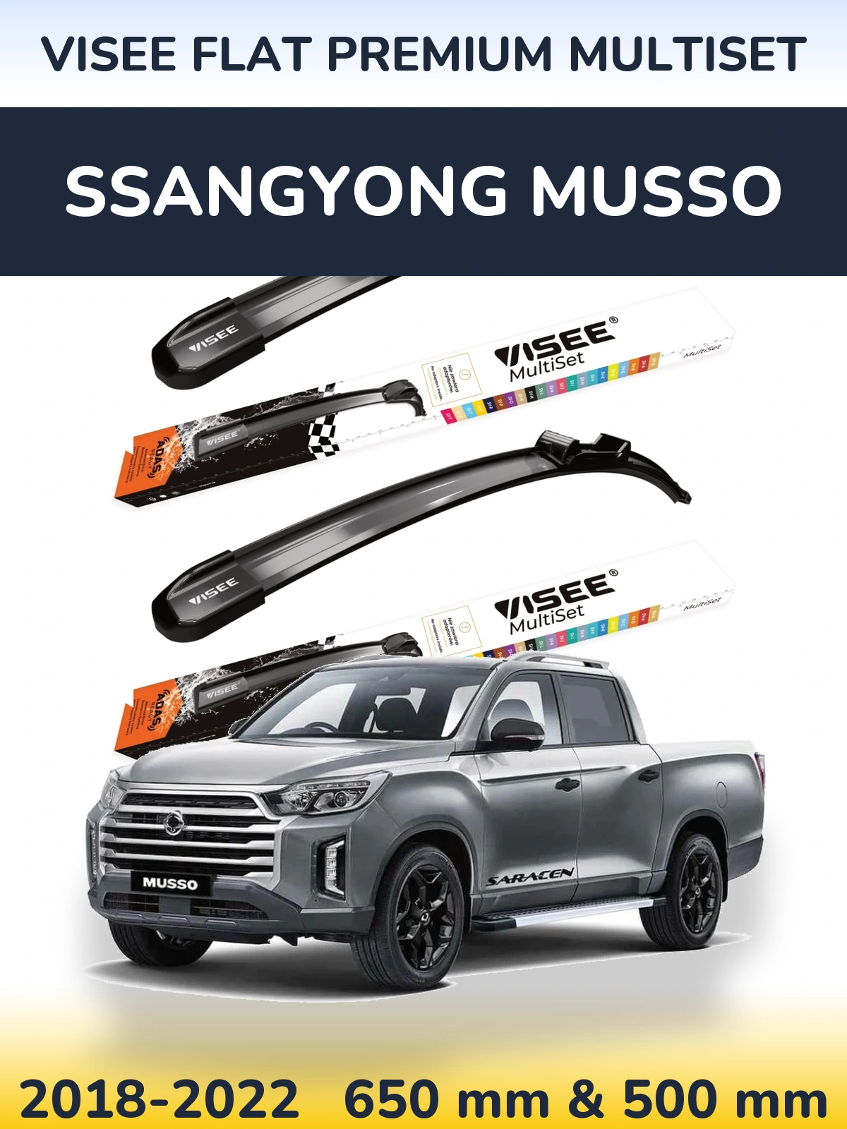 Komplet przednich wycieraczek VISEE FLAT PREMIUM MultiSet 650 & 500 mm do SsangYong Musso 2018-2022
