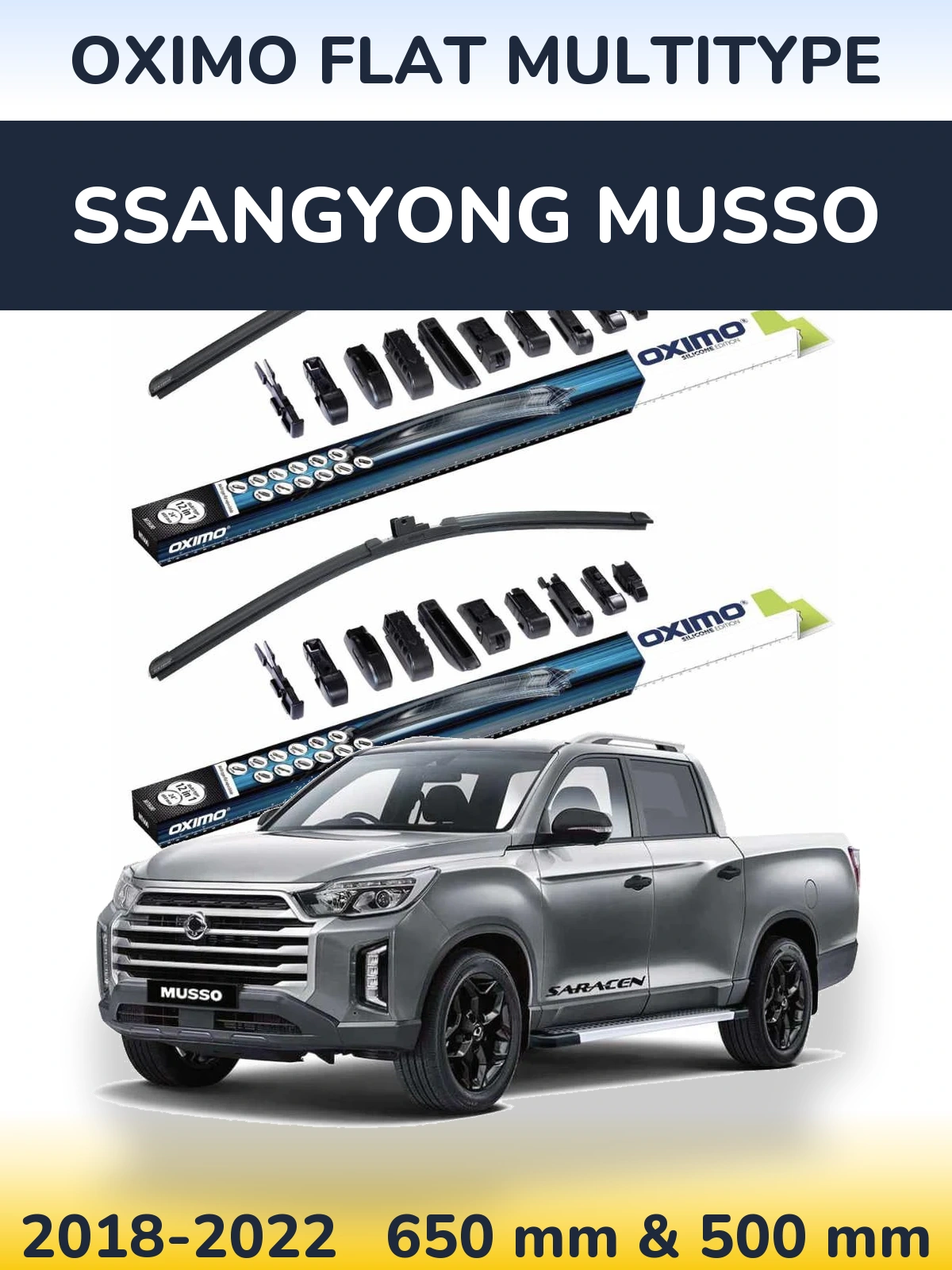 Комплект передних дворников Oximo Flat MultiТипe 650 & 500 мм для SsangYong Musso 2018-2022