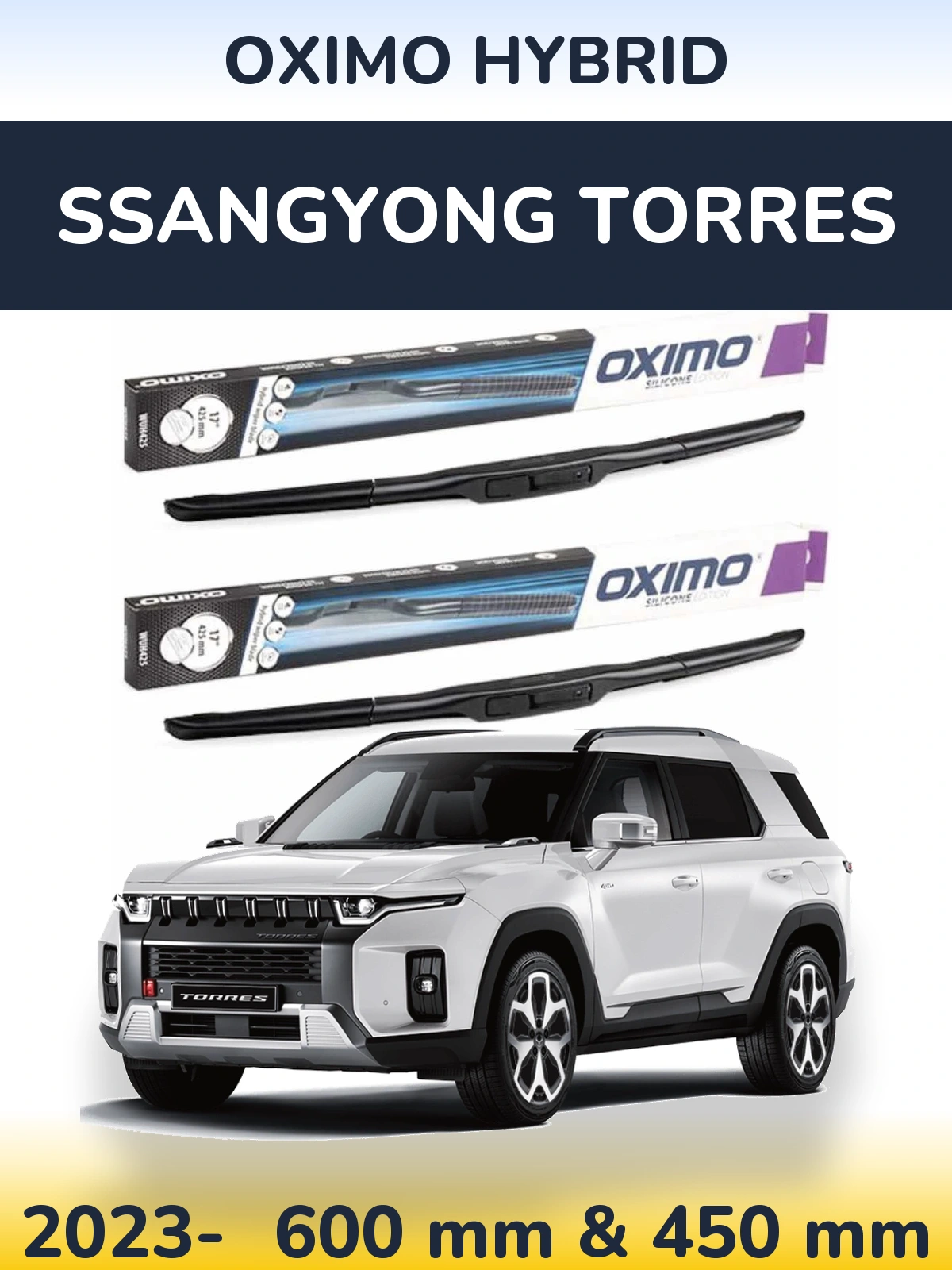 Комплект передних дворников Oximo Hybrid 600 & 450 мм для SsangYong Torres 2023-2026