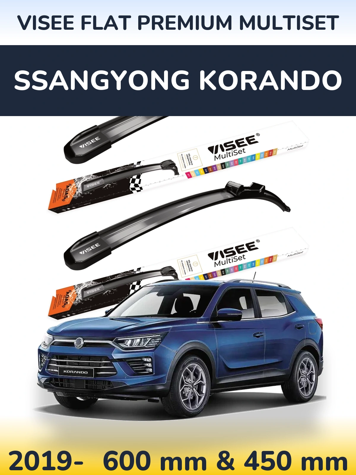 Komplet przednich wycieraczek VISEE FLAT PREMIUM MultiSet 600 & 450 mm do SsangYong Korando 2019-2026