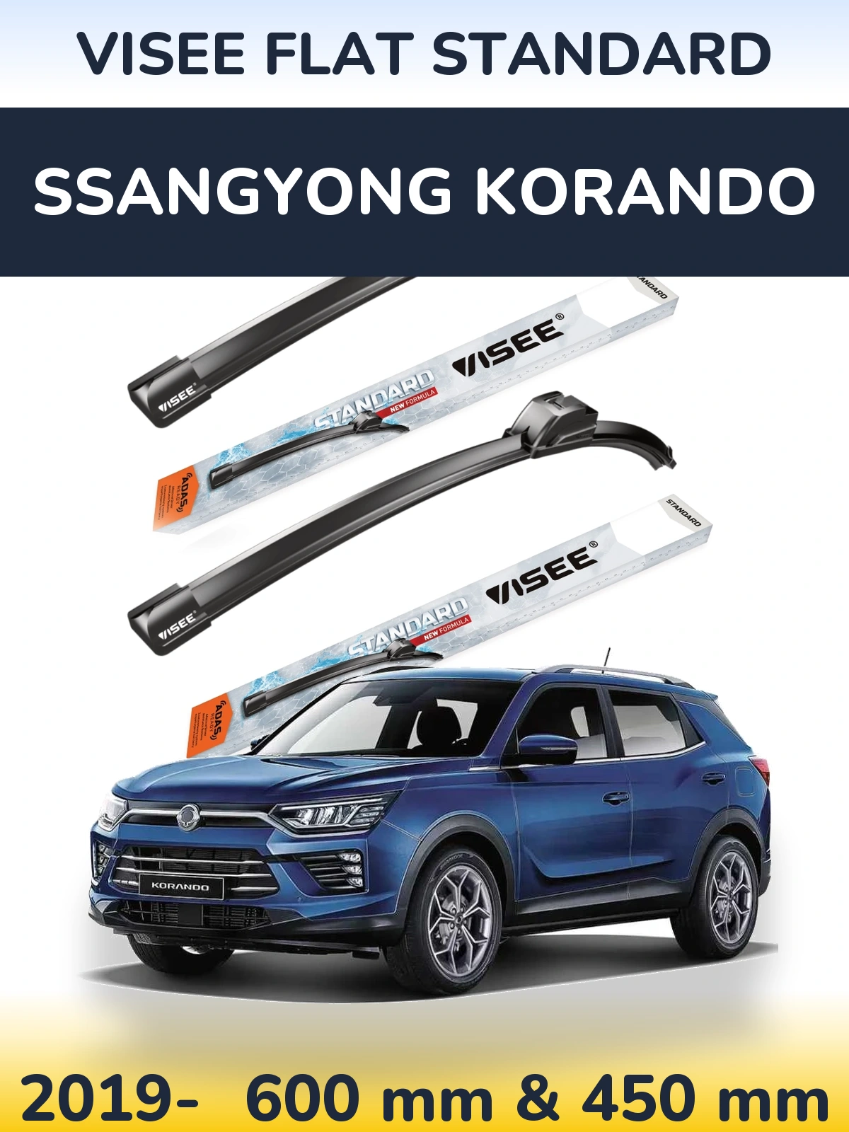 Komplet przednich wycieraczek VISEE FLAT STANDARD 600 & 450 mm do SsangYong Korando 2019-2026