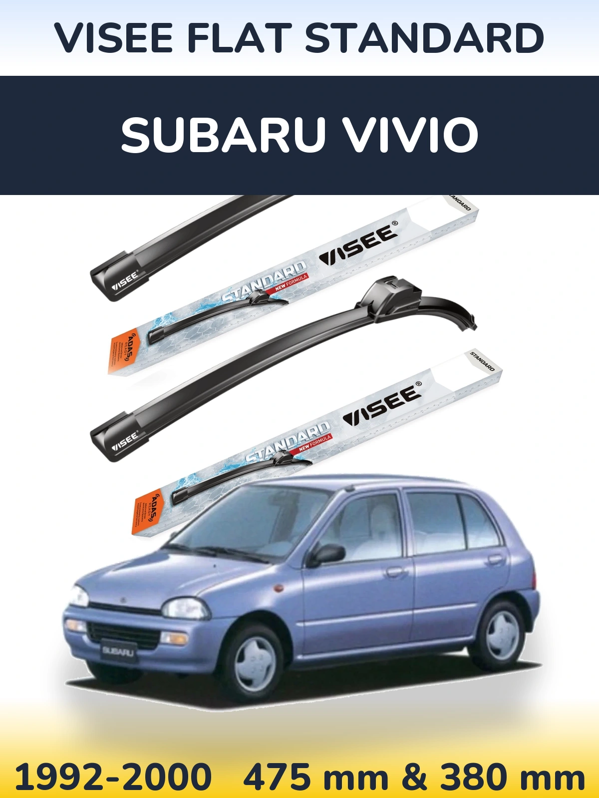 Komplet przednich wycieraczek VISEE FLAT STANDARD 475 & 380 mm do Subaru Vivio 1992-2000