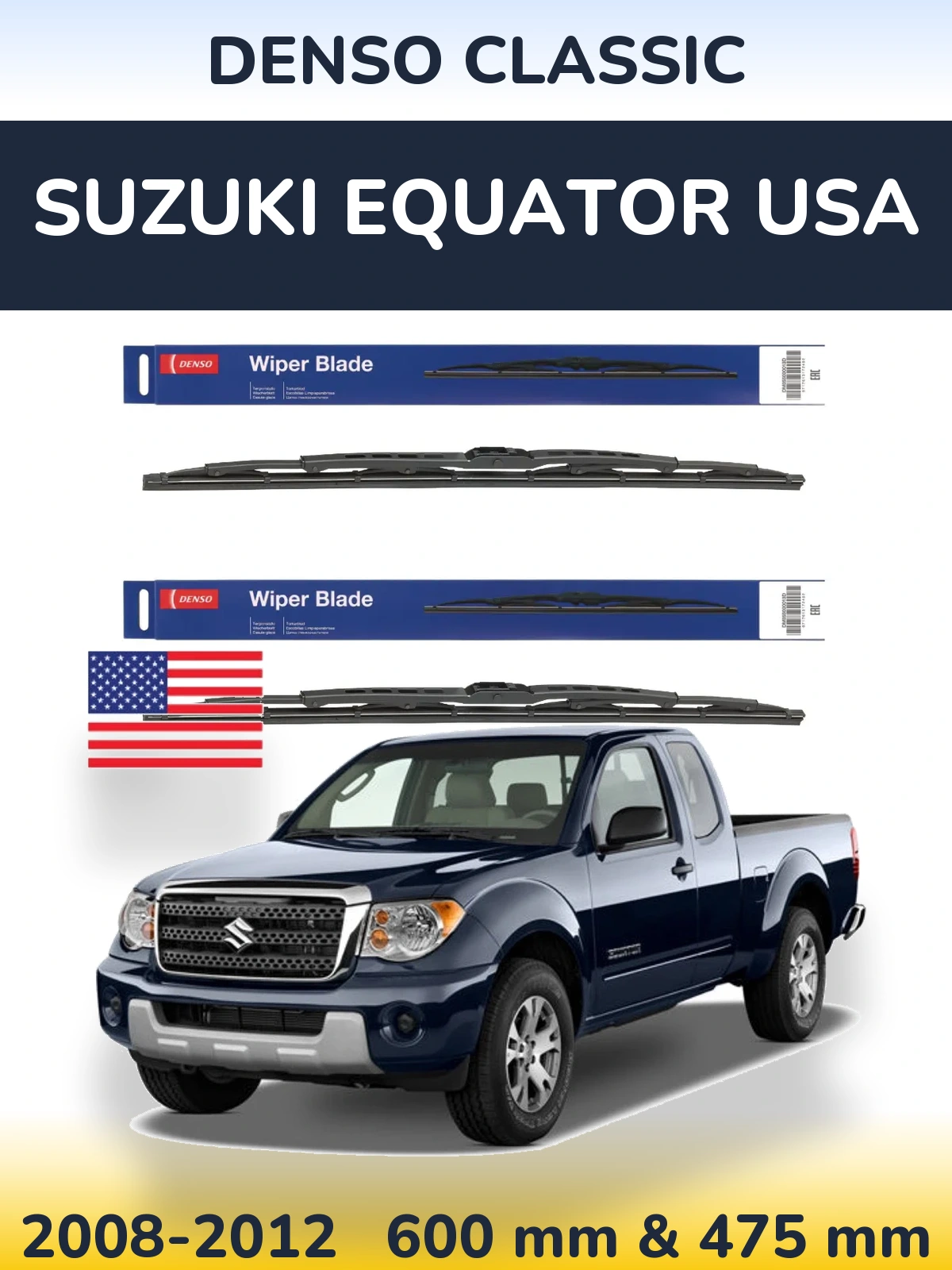 Front wiper blade set Denso Classic 600 & 475 mm for Suzuki Equator USA 2008-2012