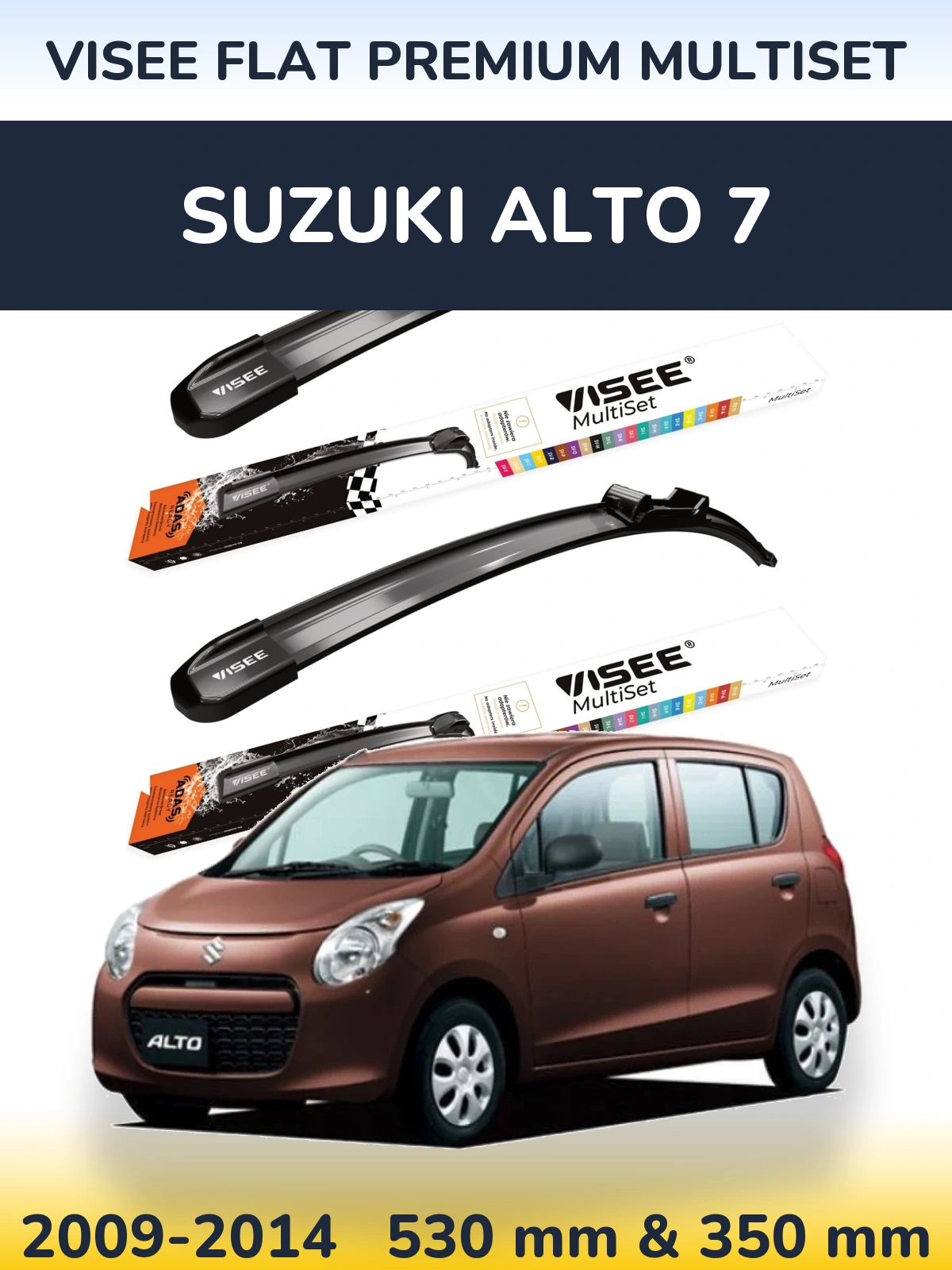 Komplet przednich wycieraczek VISEE FLAT PREMIUM MultiSet 530 & 350 mm do Suzuki Alto 7 2009-2014