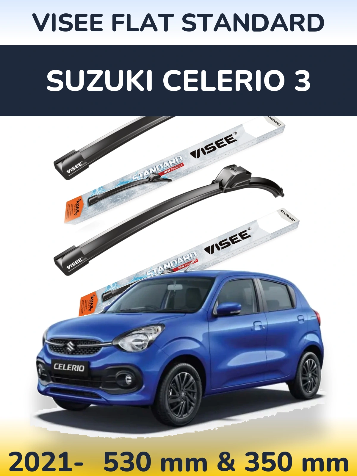 Komplet przednich wycieraczek VISEE FLAT STANDARD 530 & 350 mm do Suzuki Celerio 3 2021-2026