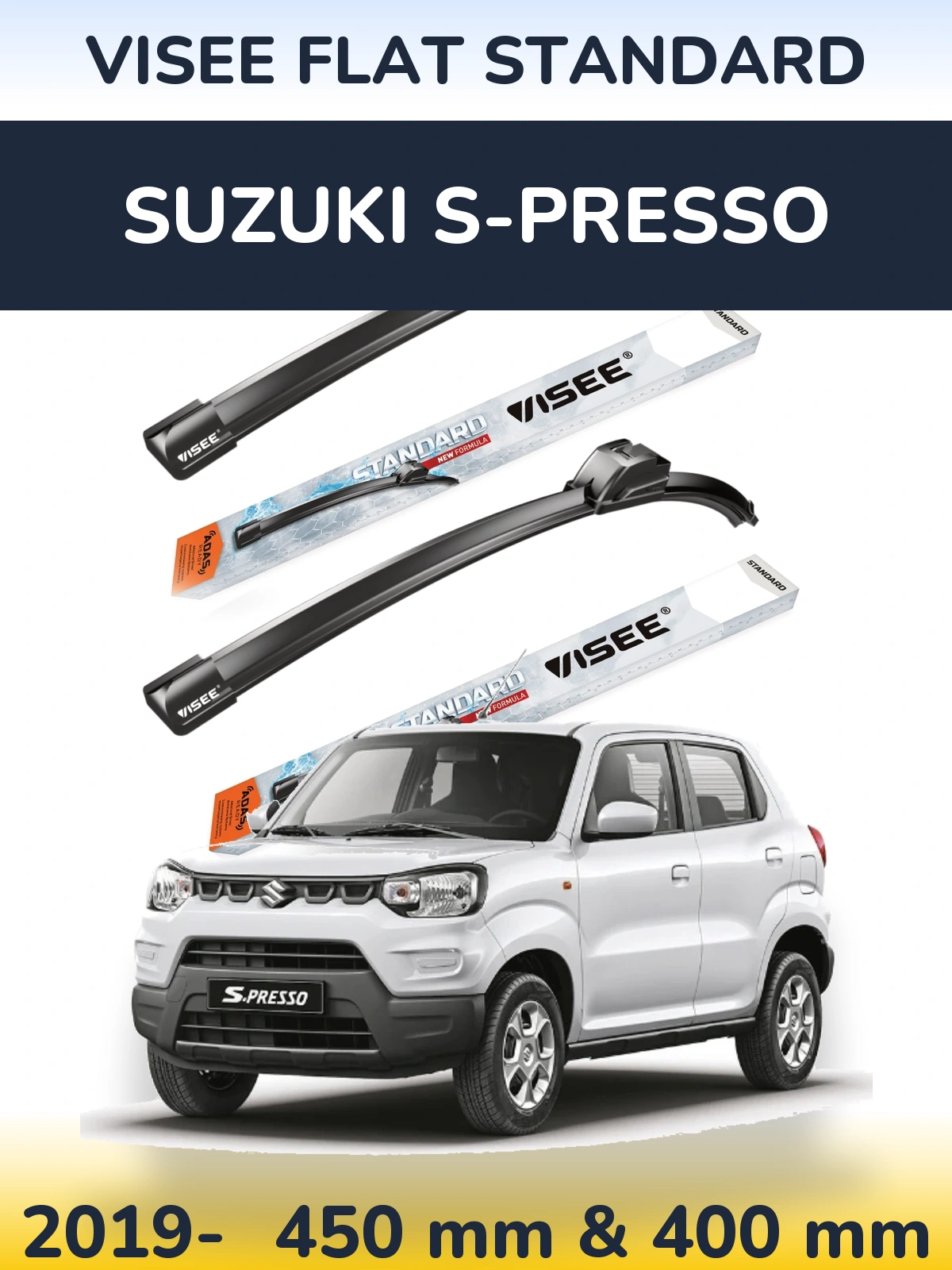 Комплект передних дворников VISEE FLAT STANDARD 450 & 400 мм для Suzuki S-Presso 2019-2026