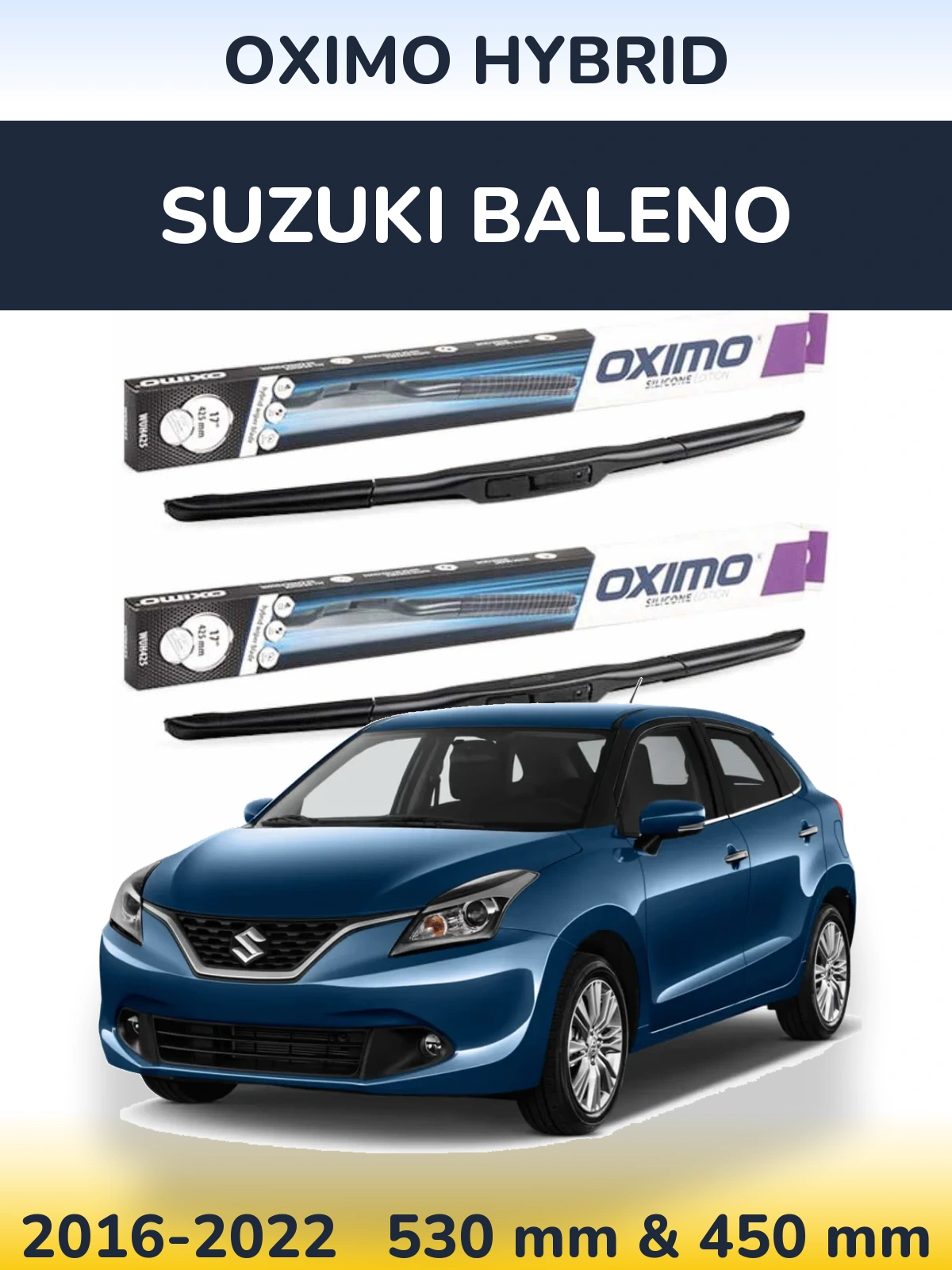 Комплект передних дворников Oximo Hybrid 530 & 450 мм для Suzuki Baleno 2016-2022