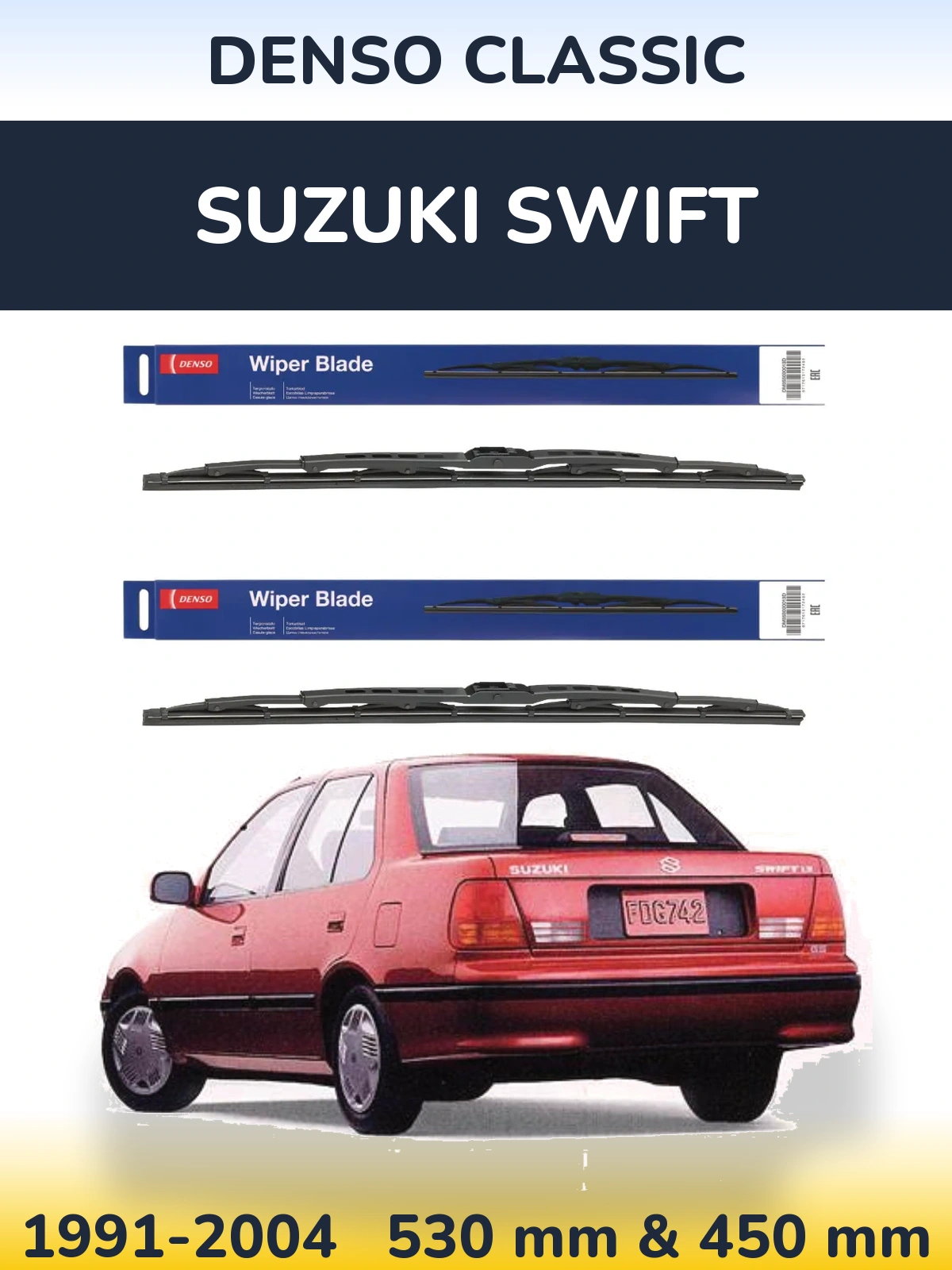 Front wiper blade set Denso Classic 530 & 450 mm for Suzuki Swift 1991-2004