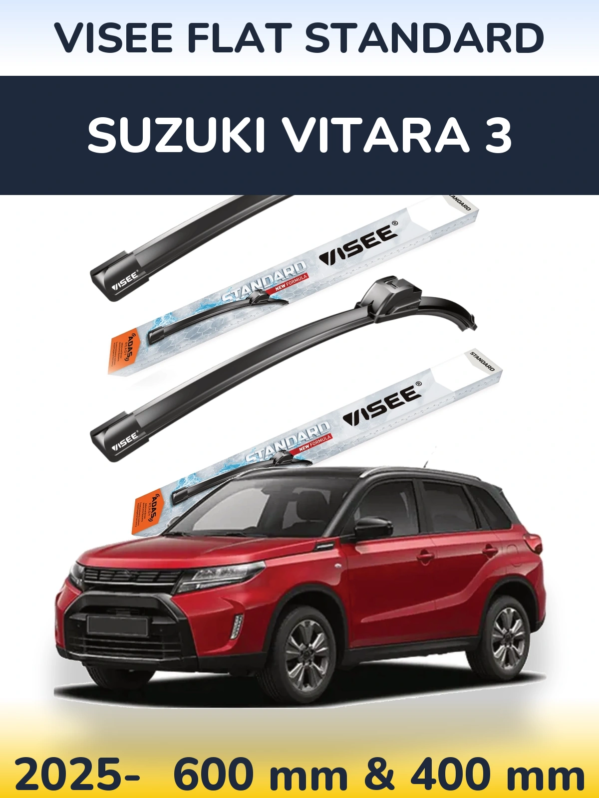 Komplet przednich wycieraczek VISEE FLAT STANDARD 600 & 400 mm do Suzuki Vitara 3 2025-2026