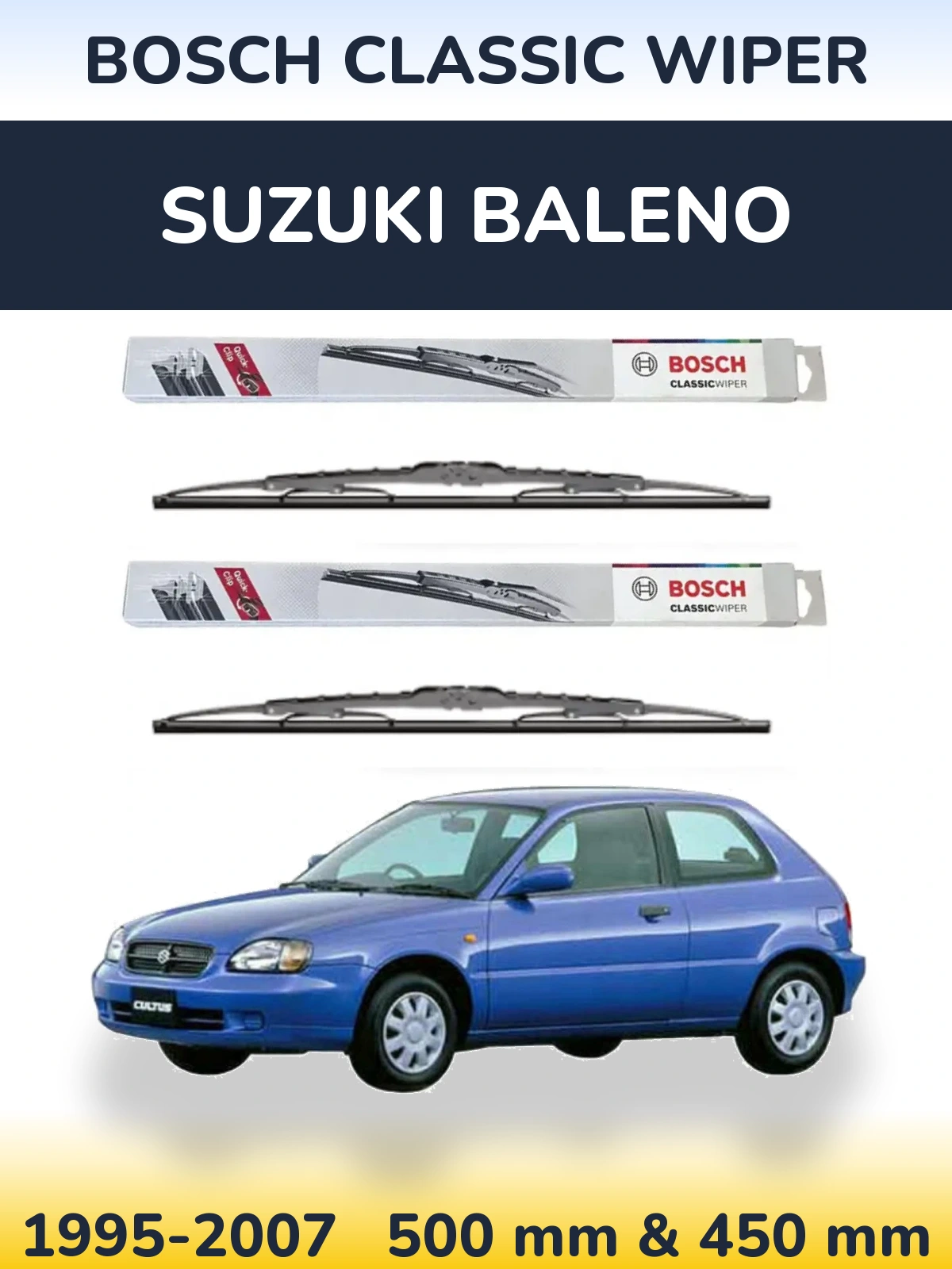 Komplet przednich wycieraczek BOSCH Classic Wiper 500 & 450 mm do Suzuki Baleno 1995-2007