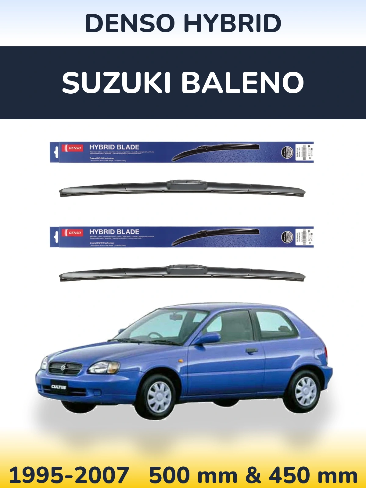 Komplet przednich wycieraczek Denso Hybrid 500 & 450 mm do Suzuki Baleno 1995-2007