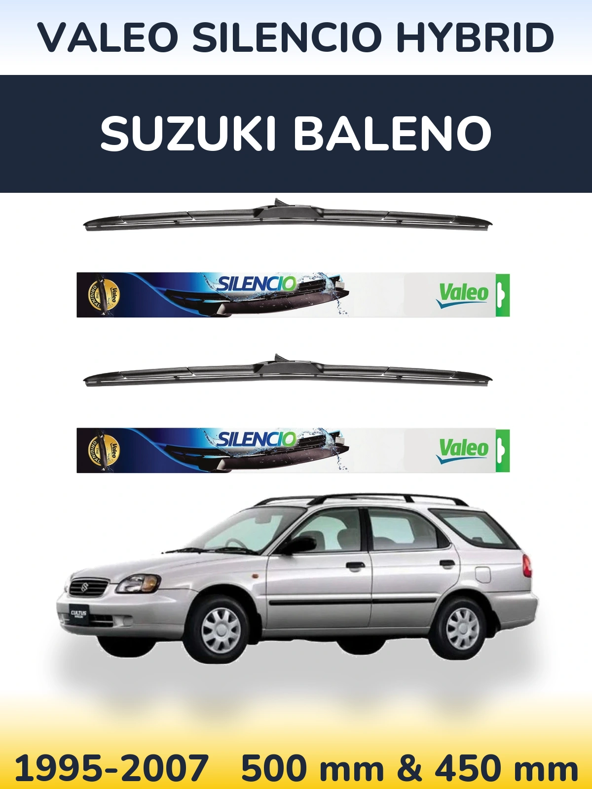 Komplet przednich wycieraczek Valeo Silencio Hybrid 500 & 450 mm do Suzuki Baleno 1995-2007