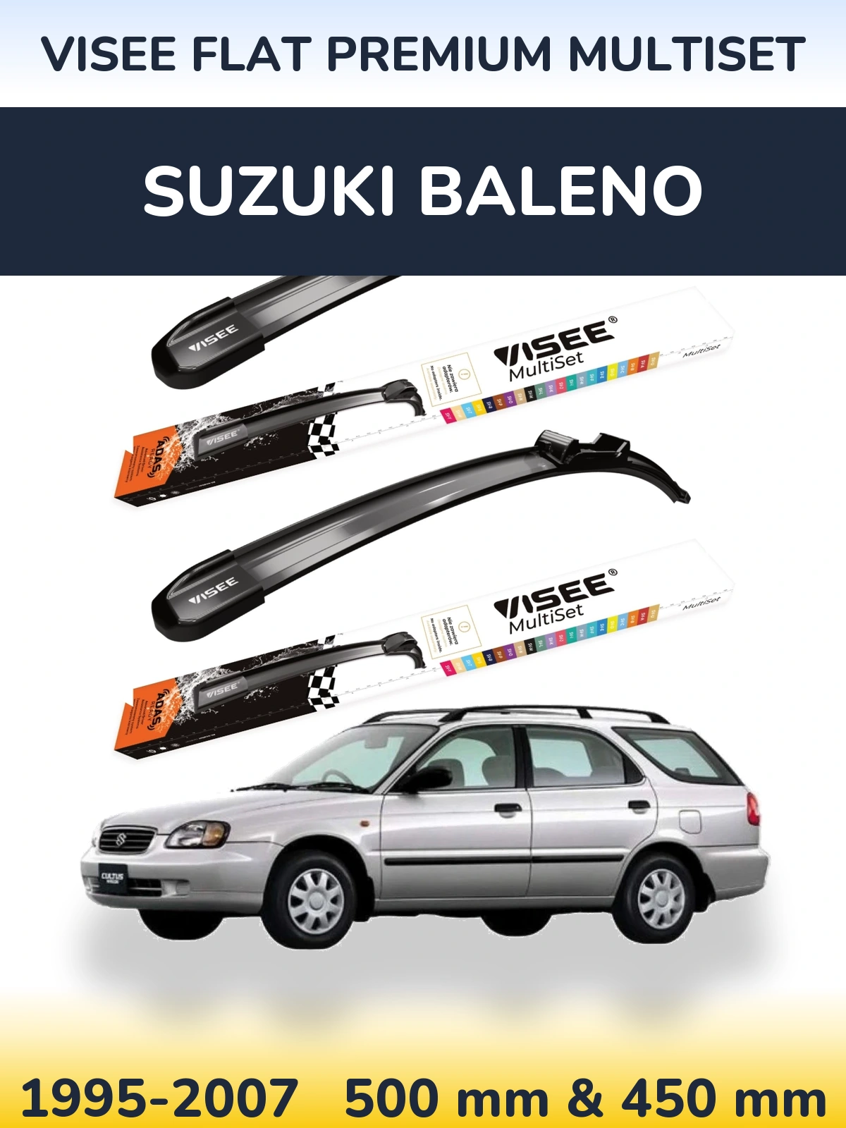 Komplet przednich wycieraczek VISEE FLAT PREMIUM MultiSet 500 & 450 mm do Suzuki Baleno 1995-2007