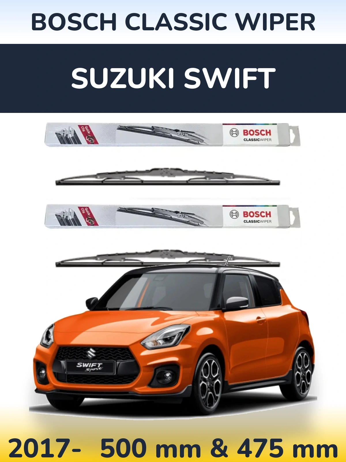 Komplet przednich wycieraczek BOSCH Classic Wiper 500 & 475 mm do Suzuki Swift 2017-2026