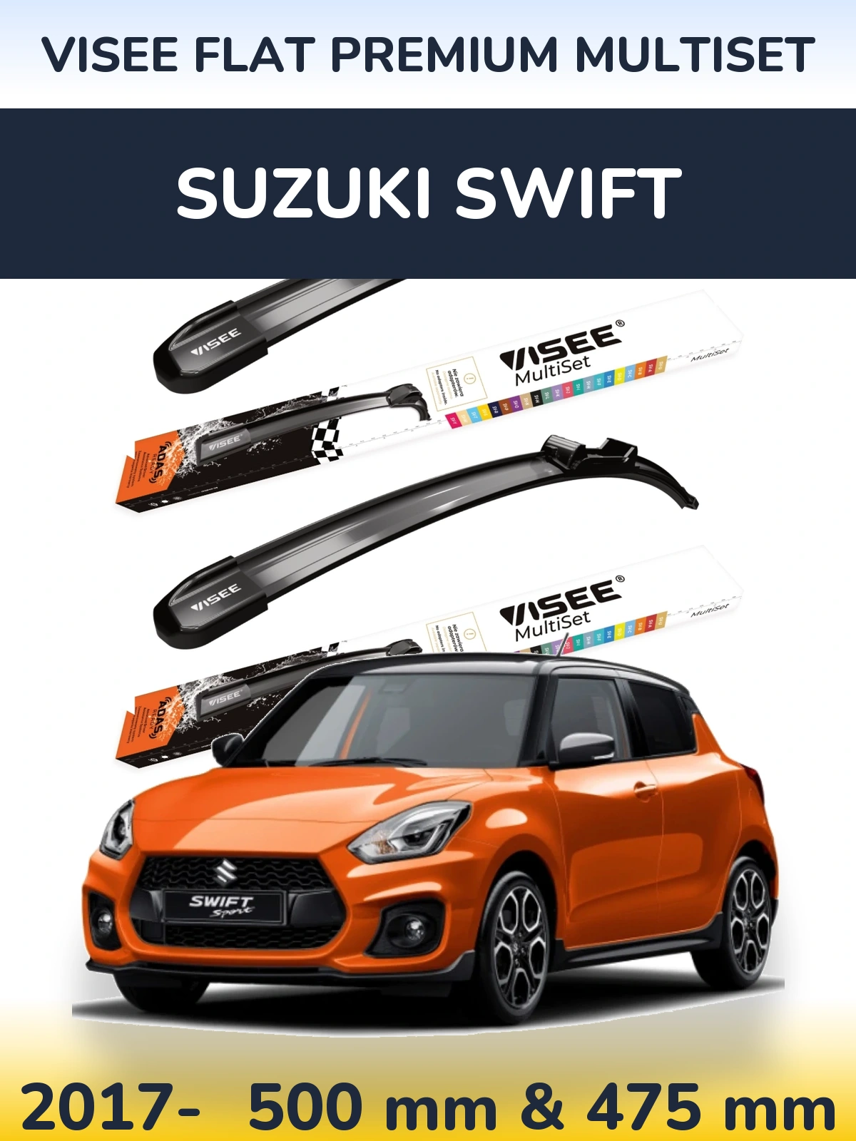Комплект передних дворников VISEE FLAT PREMIUM MultiSet 500 & 475 мм для Suzuki Swift 2017-2026