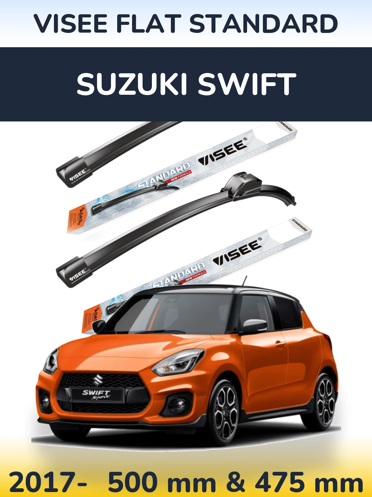 Комплект передних дворников VISEE FLAT STANDARD 500 & 475 мм для Suzuki Swift 2017-2026
