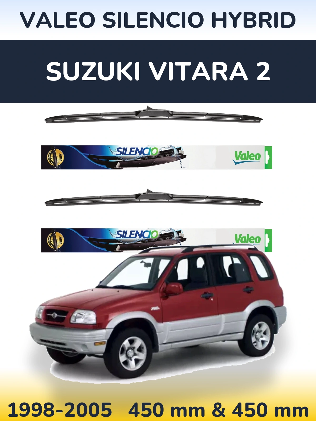 Komplet przednich wycieraczek Valeo Silencio Hybrid 450 & 450 mm do Suzuki Vitara 2 1998-2005
