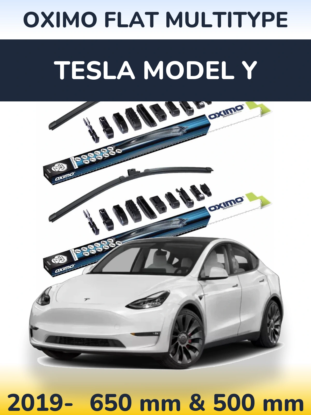 Komplet przednich wycieraczek Oximo Flat MultiType 650 & 500 mm do Tesla Model Y 2019-2026