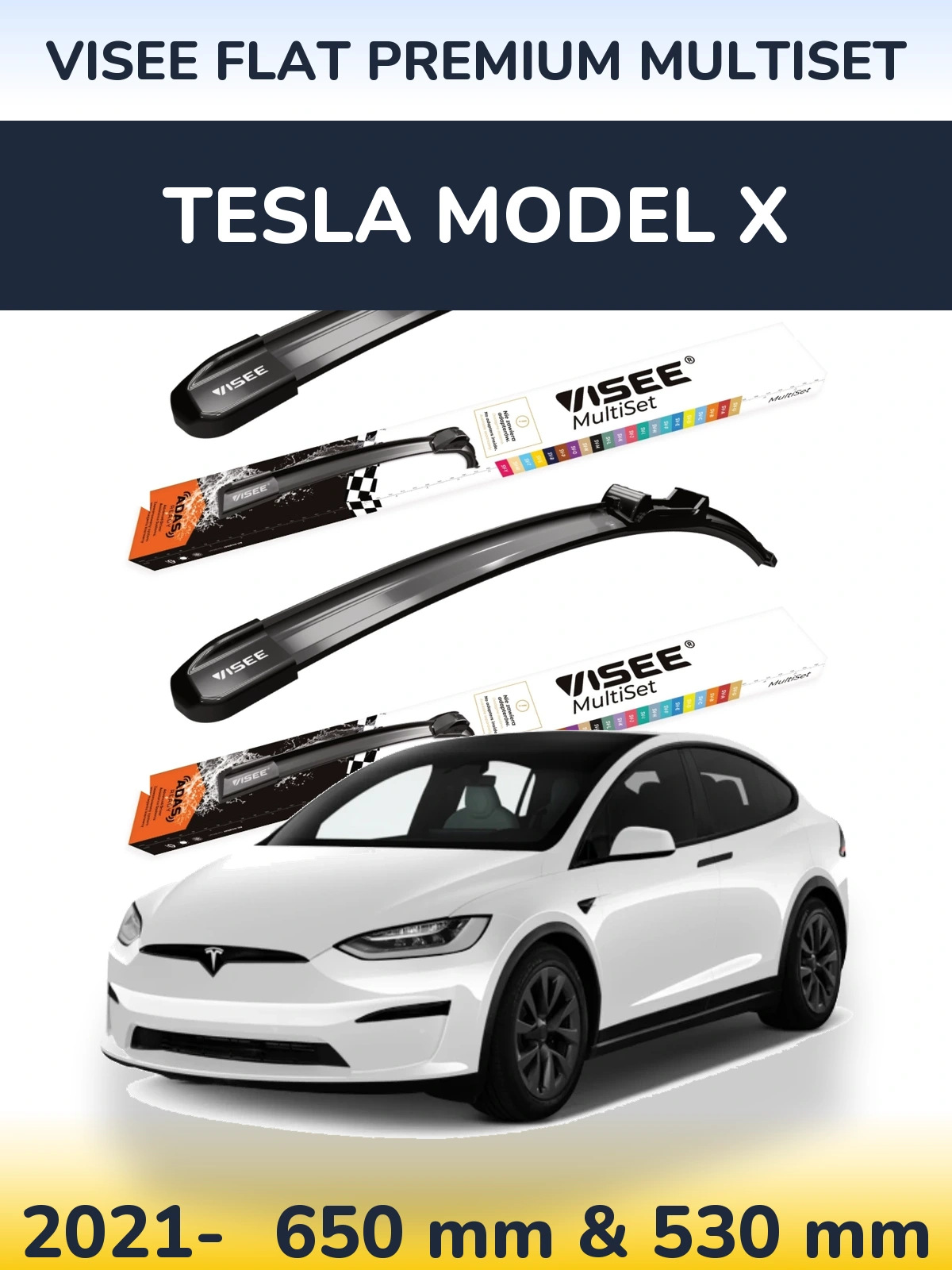 Комплект передних дворников VISEE FLAT PREMIUM MultiSet 650 & 530 мм для Tesla Модель X 2021-2026