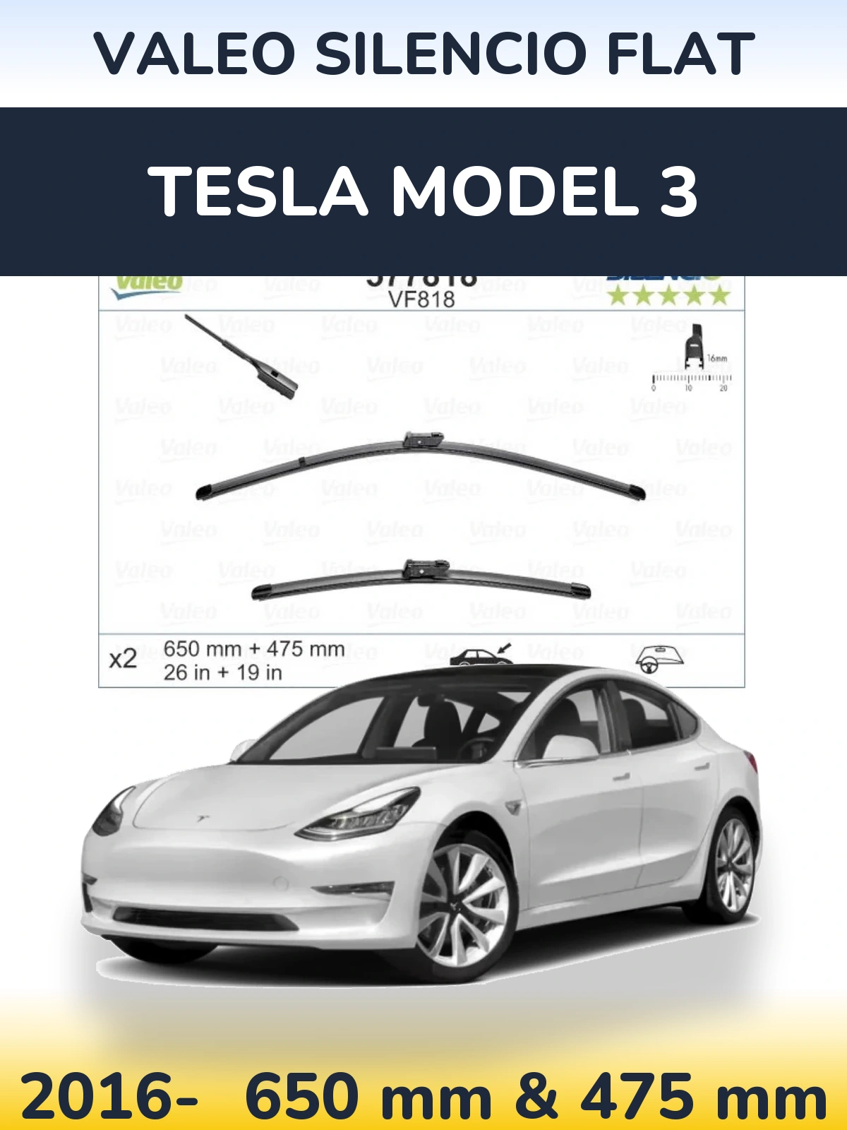 Komplet przednich wycieraczek Valeo Silencio Flat 650 & 475 mm do Tesla Model 3 2016-2026