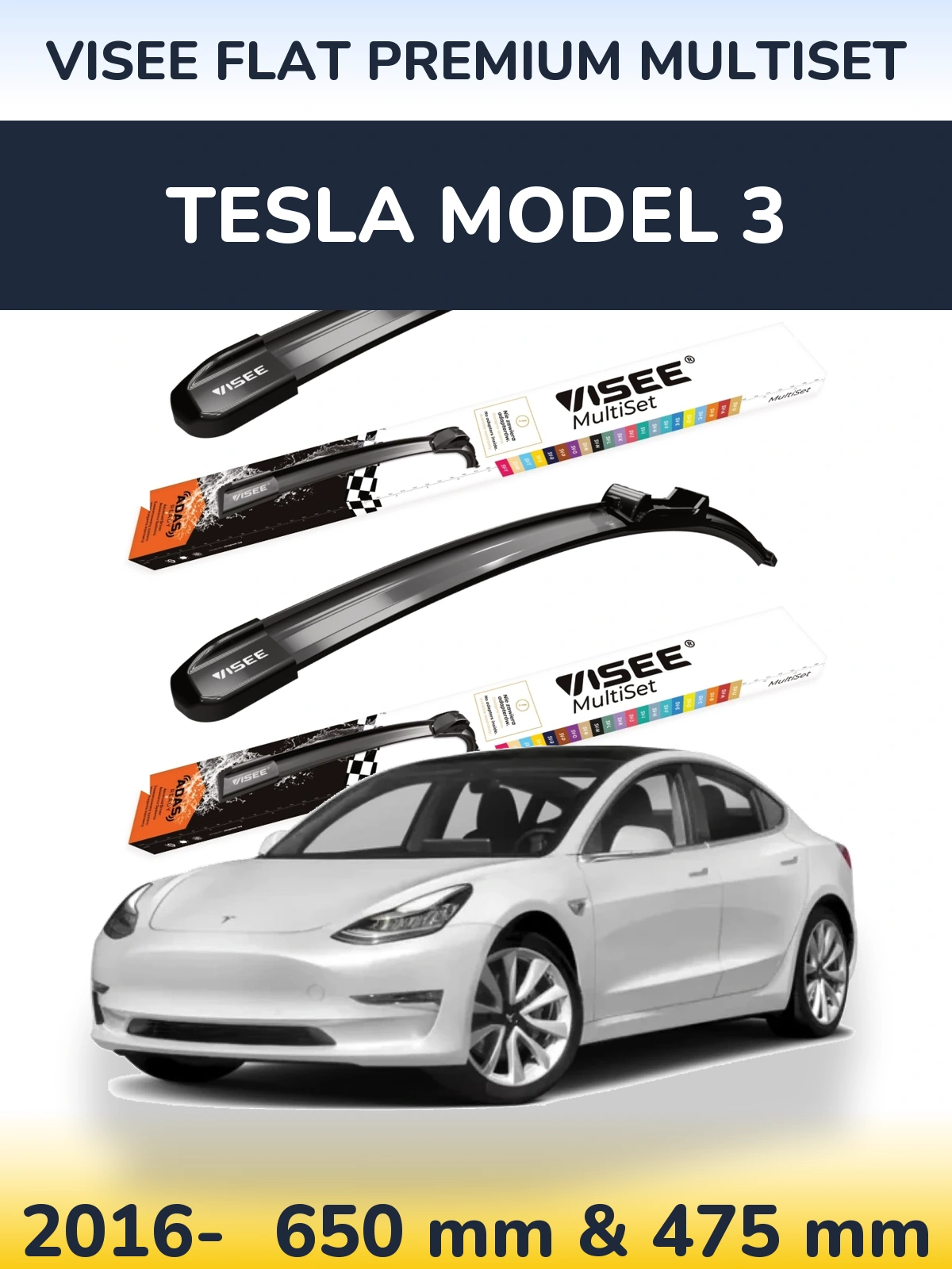 Komplet przednich wycieraczek VISEE FLAT PREMIUM MultiSet 650 & 475 mm do Tesla Model 3 2016-2026
