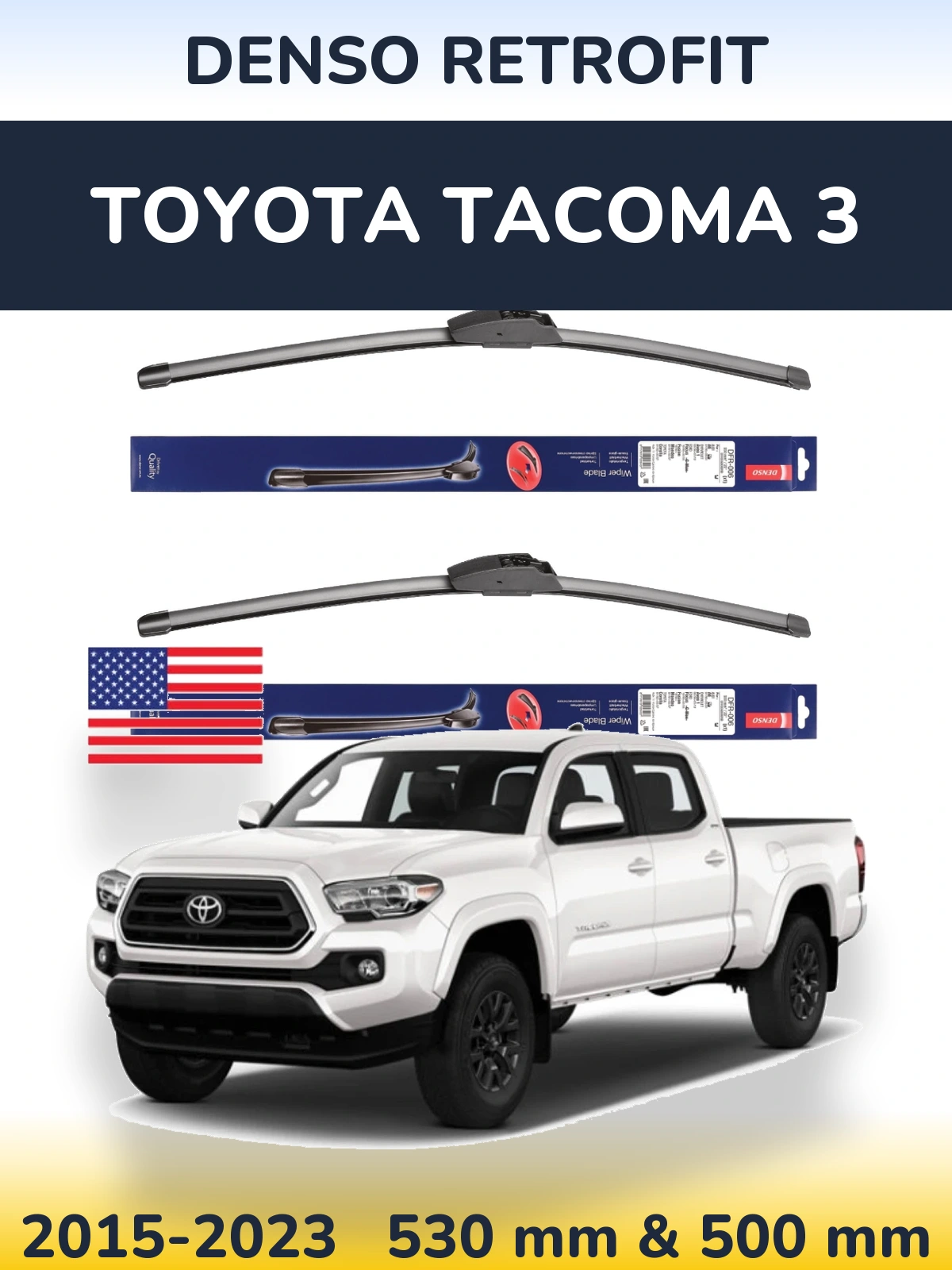 Komplet przednich wycieraczek Denso Retrofit 530 & 500 mm do Toyota Tacoma 3 2015-2023