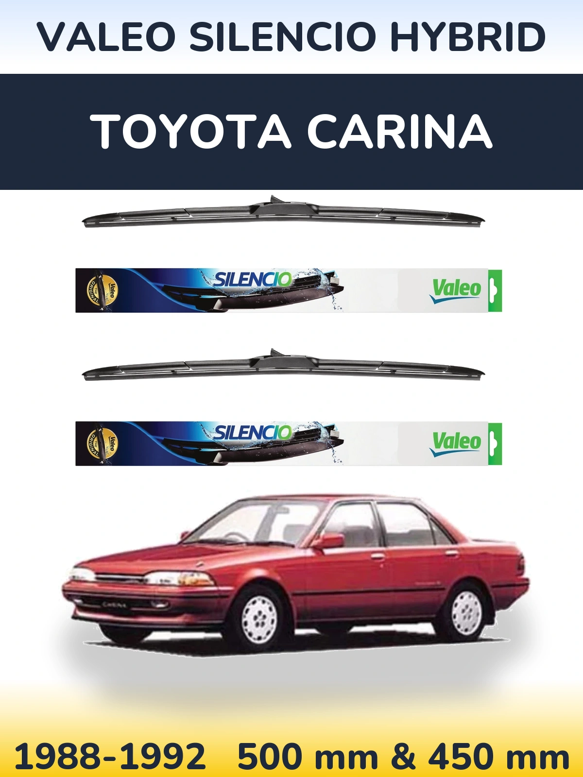 Komplet przednich wycieraczek Valeo Silencio Hybrid 500 & 450 mm do Toyota Carina 1988-1992