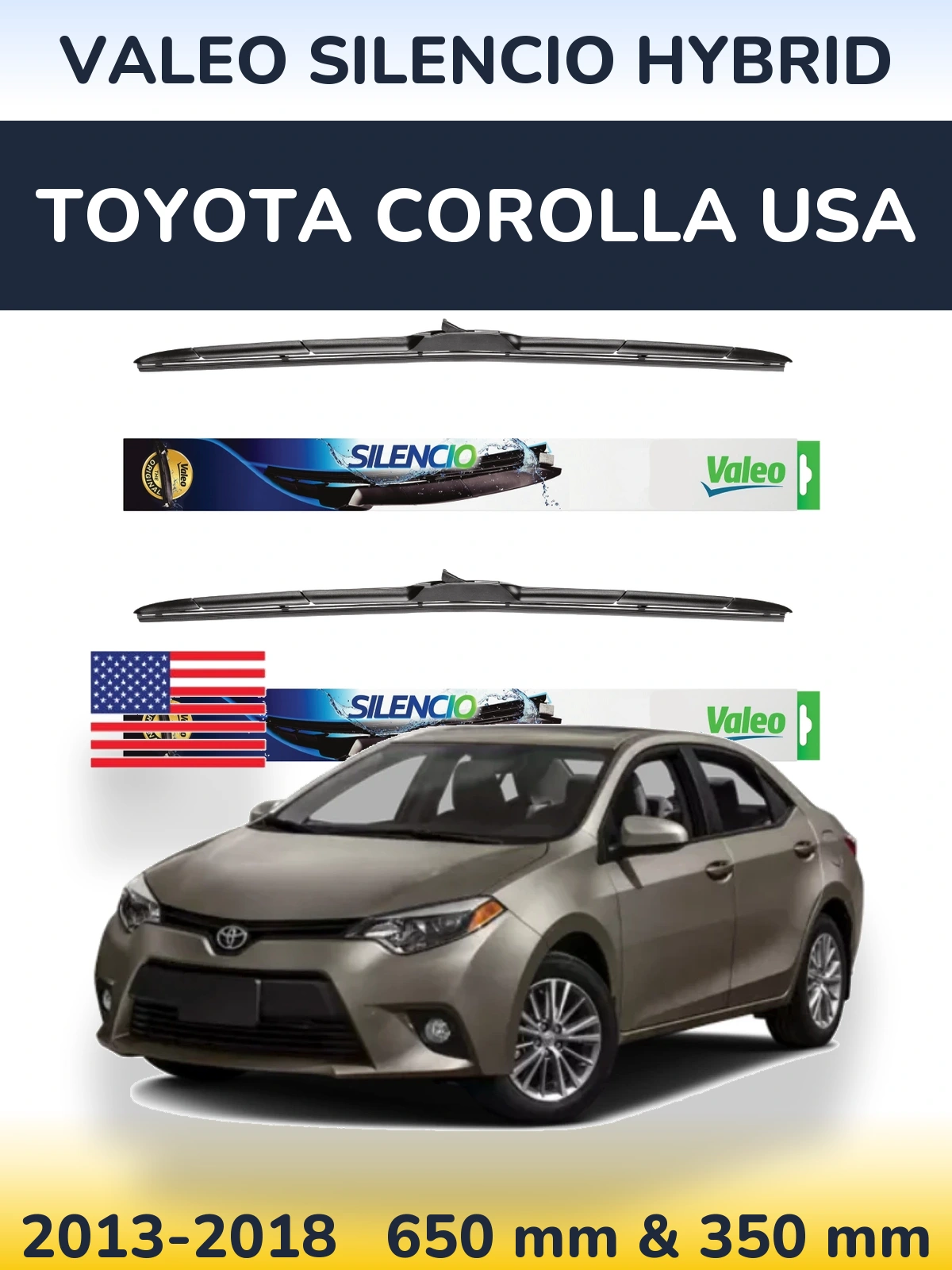 Komplet przednich wycieraczek Valeo Silencio Hybrid 650 & 350 mm do Toyota Corolla USA 2013-2018