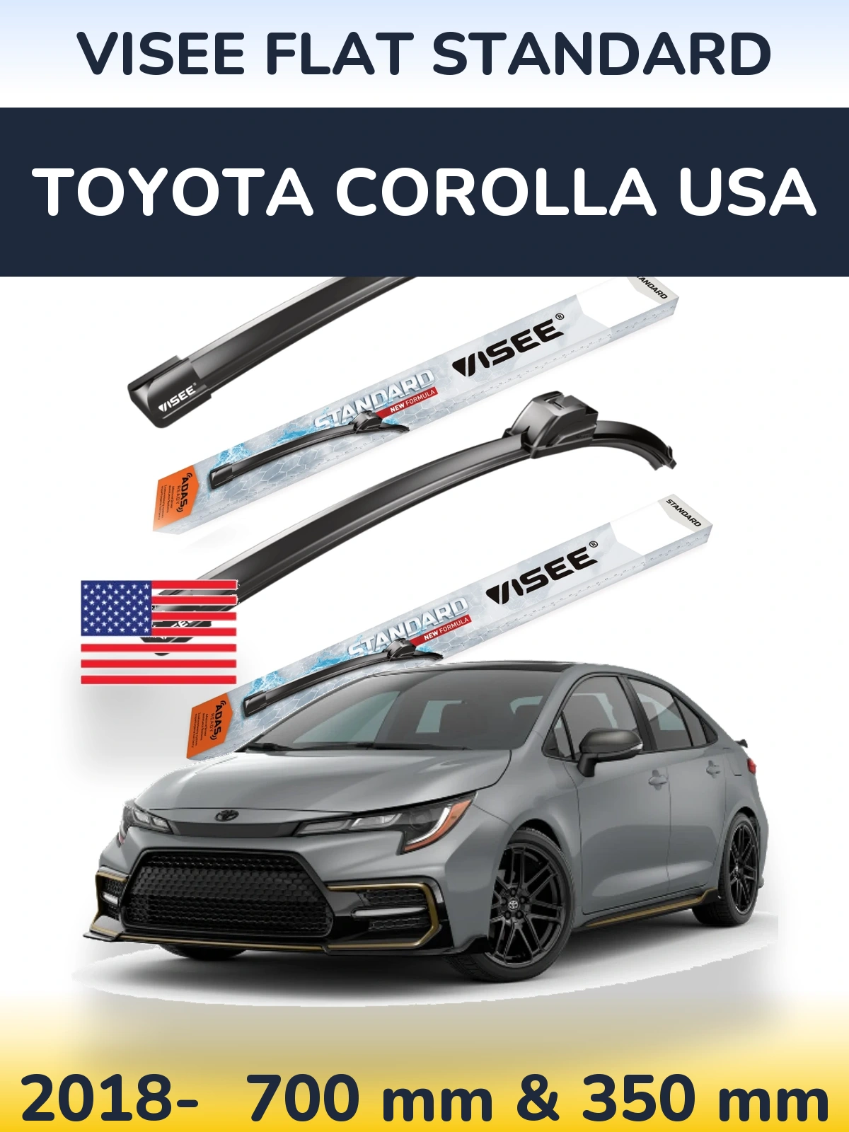 Komplet przednich wycieraczek VISEE FLAT STANDARD 700 & 350 mm do Toyota Corolla USA 2018-2026
