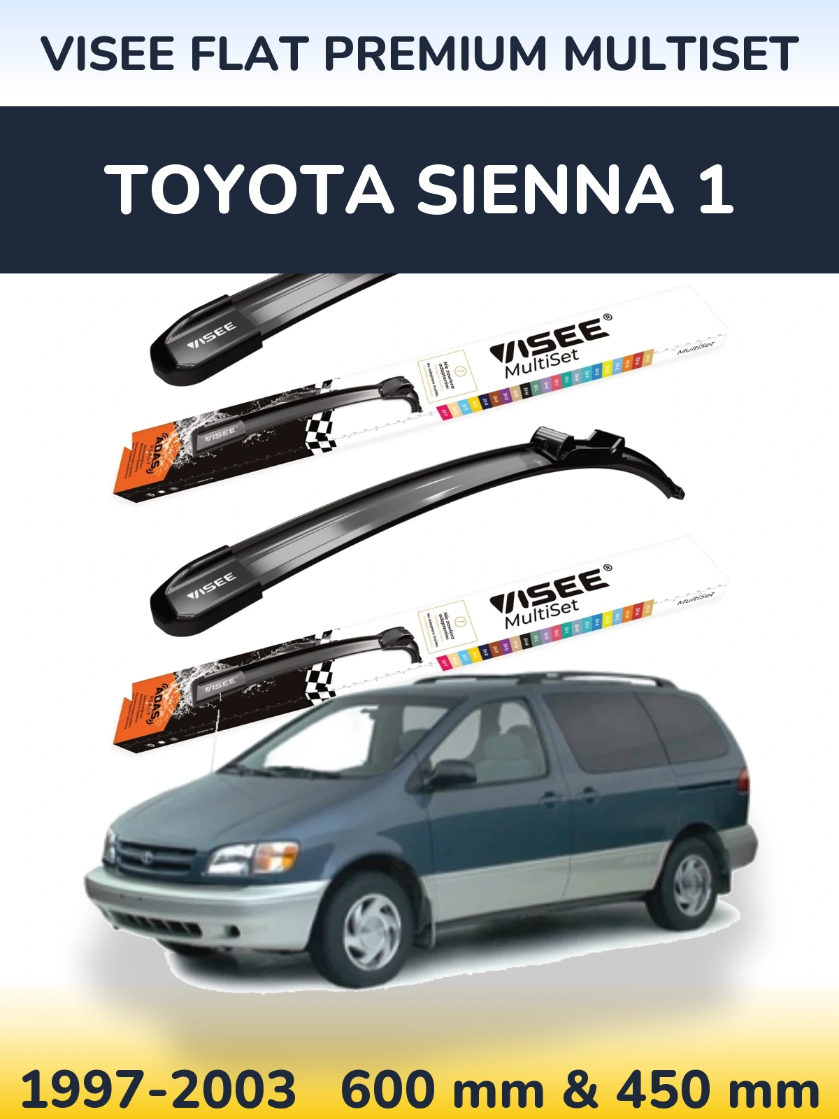Комплект передних дворников VISEE FLAT PREMIUM MultiSet 600 & 450 мм для Toyota Sienna 1 1997-2003