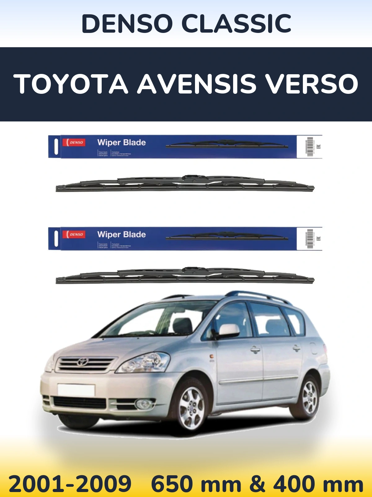 Front wiper blade set Denso Classic 650 & 400 mm for Toyota Avensis Verso 2001-2009