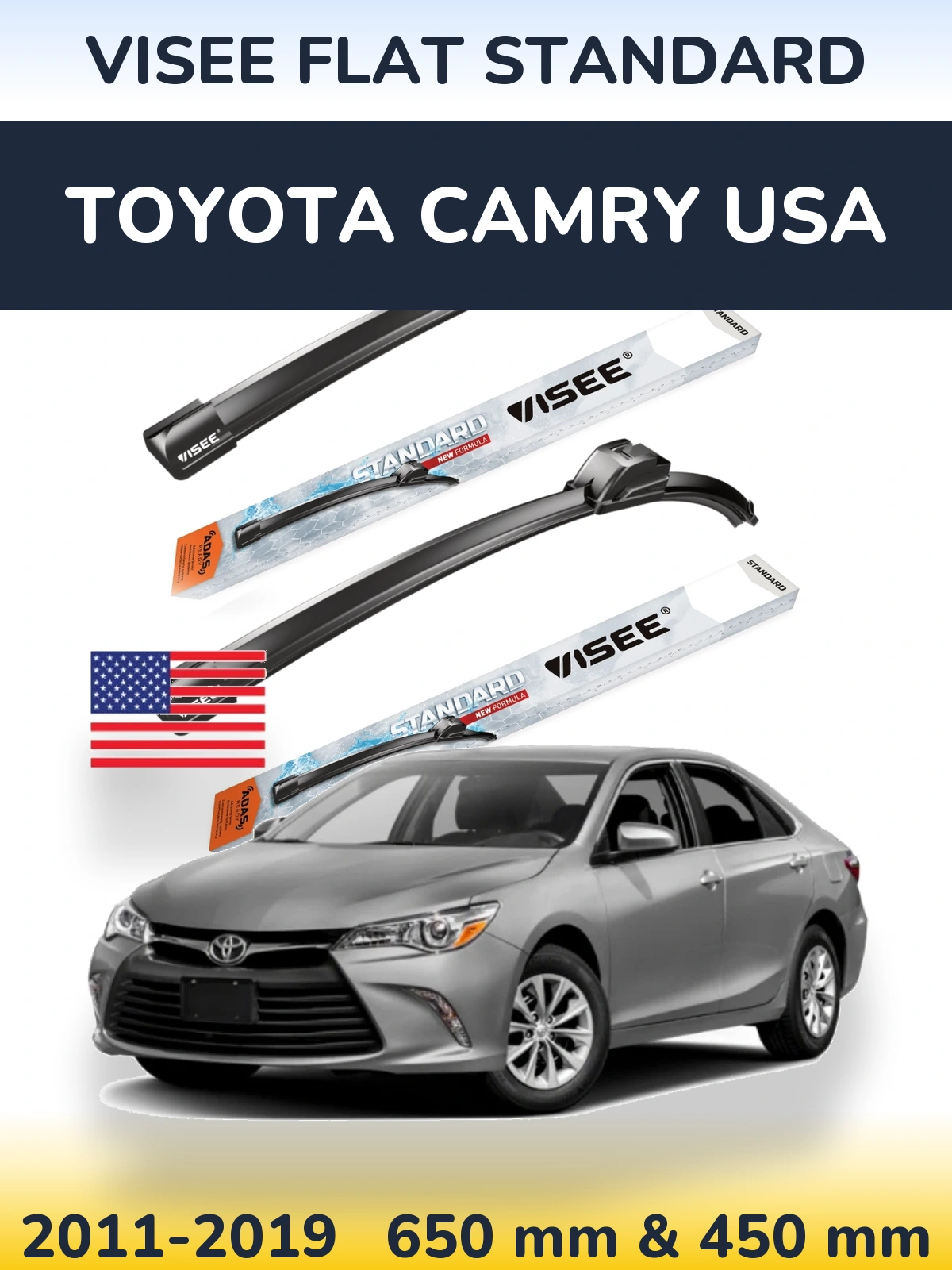 Komplet przednich wycieraczek VISEE FLAT STANDARD 650 & 450 mm do Toyota Camry USA 2011-2019