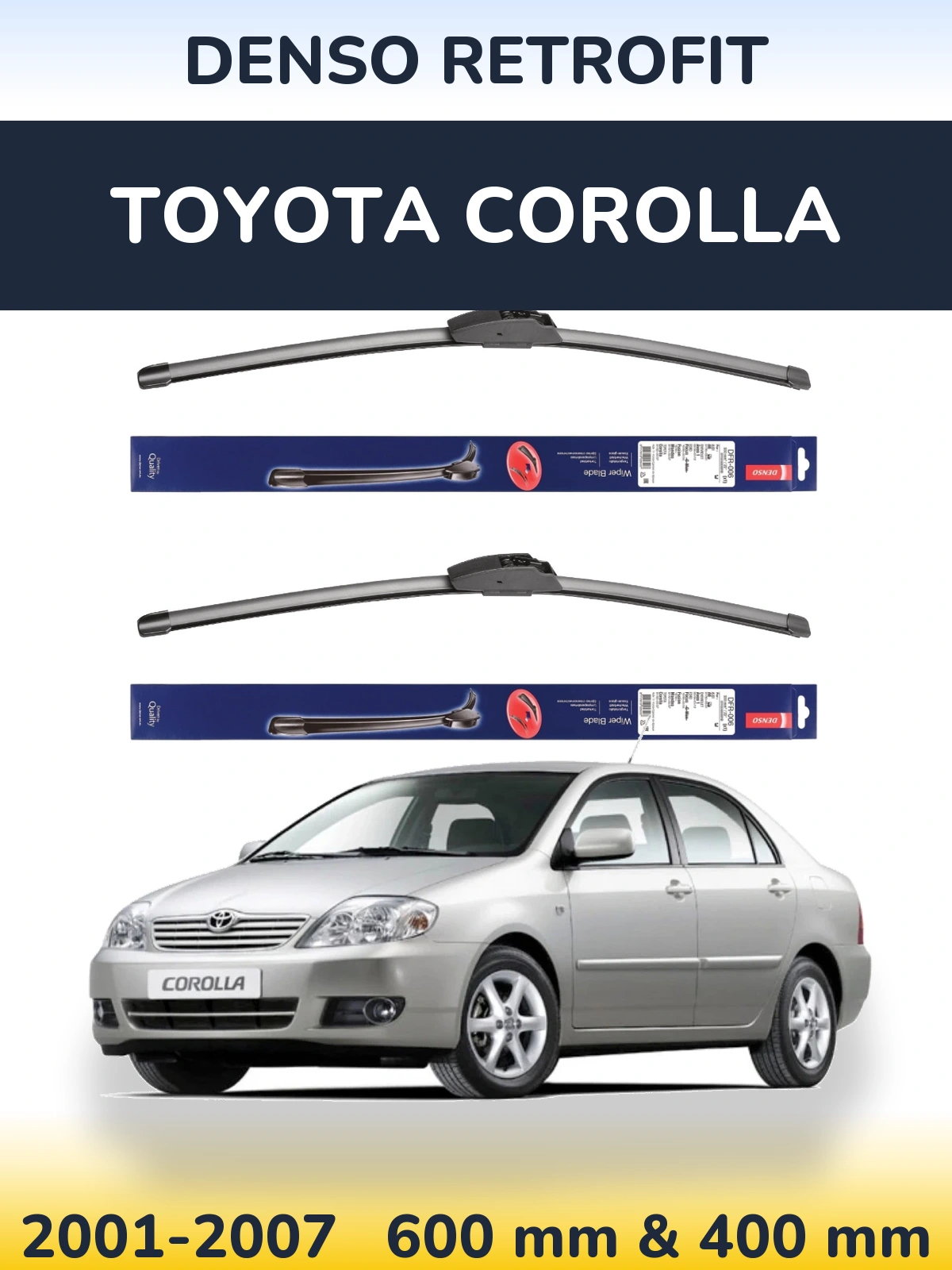 Komplet przednich wycieraczek Denso Retrofit 600 & 400 mm do Toyota Corolla 2001-2007