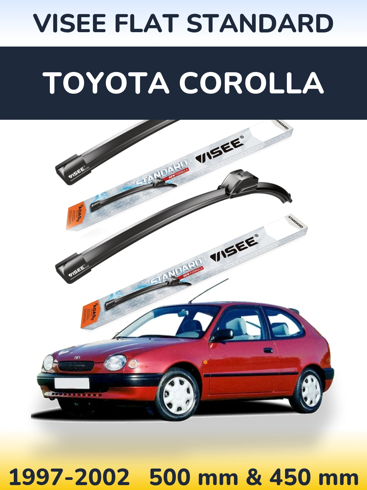 Komplet przednich wycieraczek VISEE FLAT STANDARD 500 & 450 mm do Toyota Corolla 1997-2002