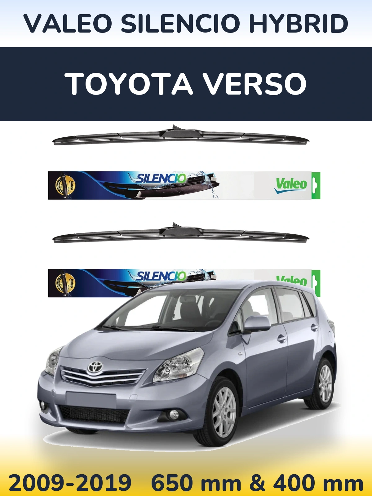 Front wiper blade set Valeo Silencio Hybrid 650 & 400 mm for Toyota Verso 2009-2019