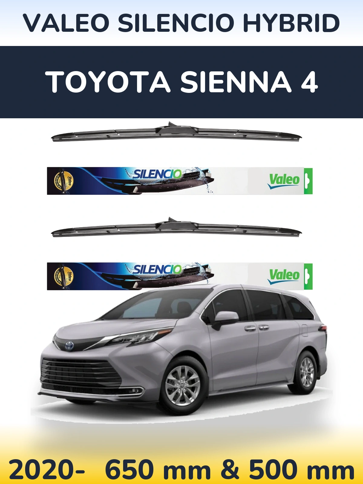 Komplet przednich wycieraczek Valeo Silencio Hybrid 650 & 500 mm do Toyota Sienna 4 2020-2026